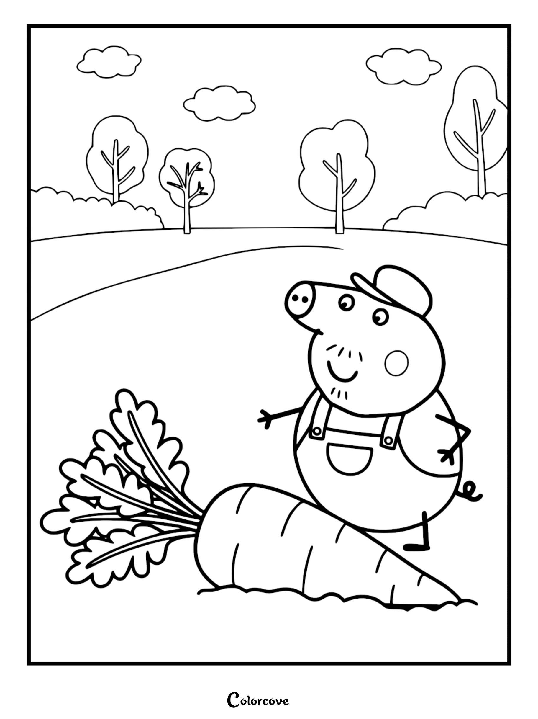 A detailed line art coloring page of Grandpa Pig wearing a hat and overalls while standing next to a giant carrot in a field.