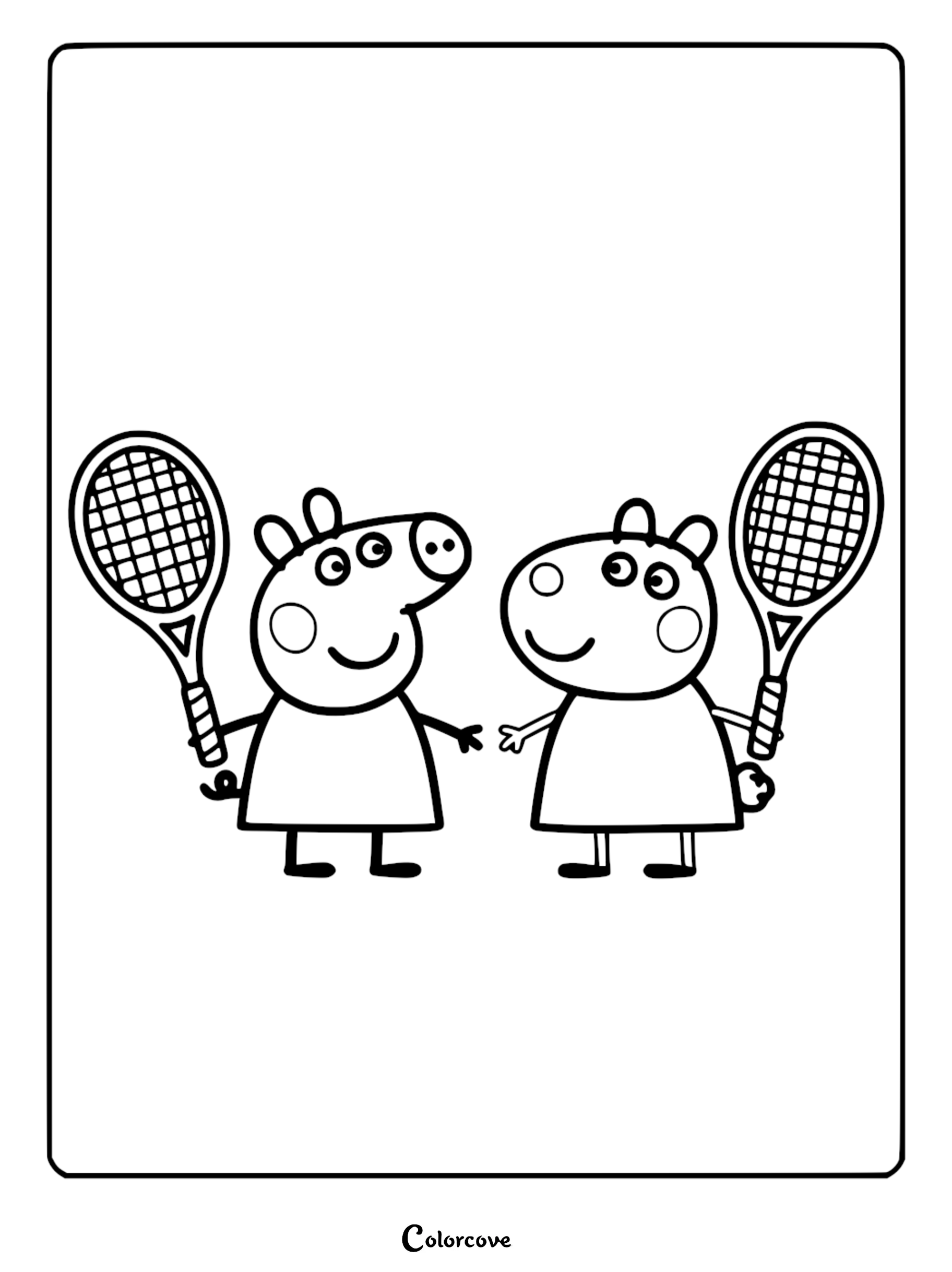 A line art coloring page of Peppa Pig and Suzy Sheep standing together holding large tennis rackets with cross-hatched strings.