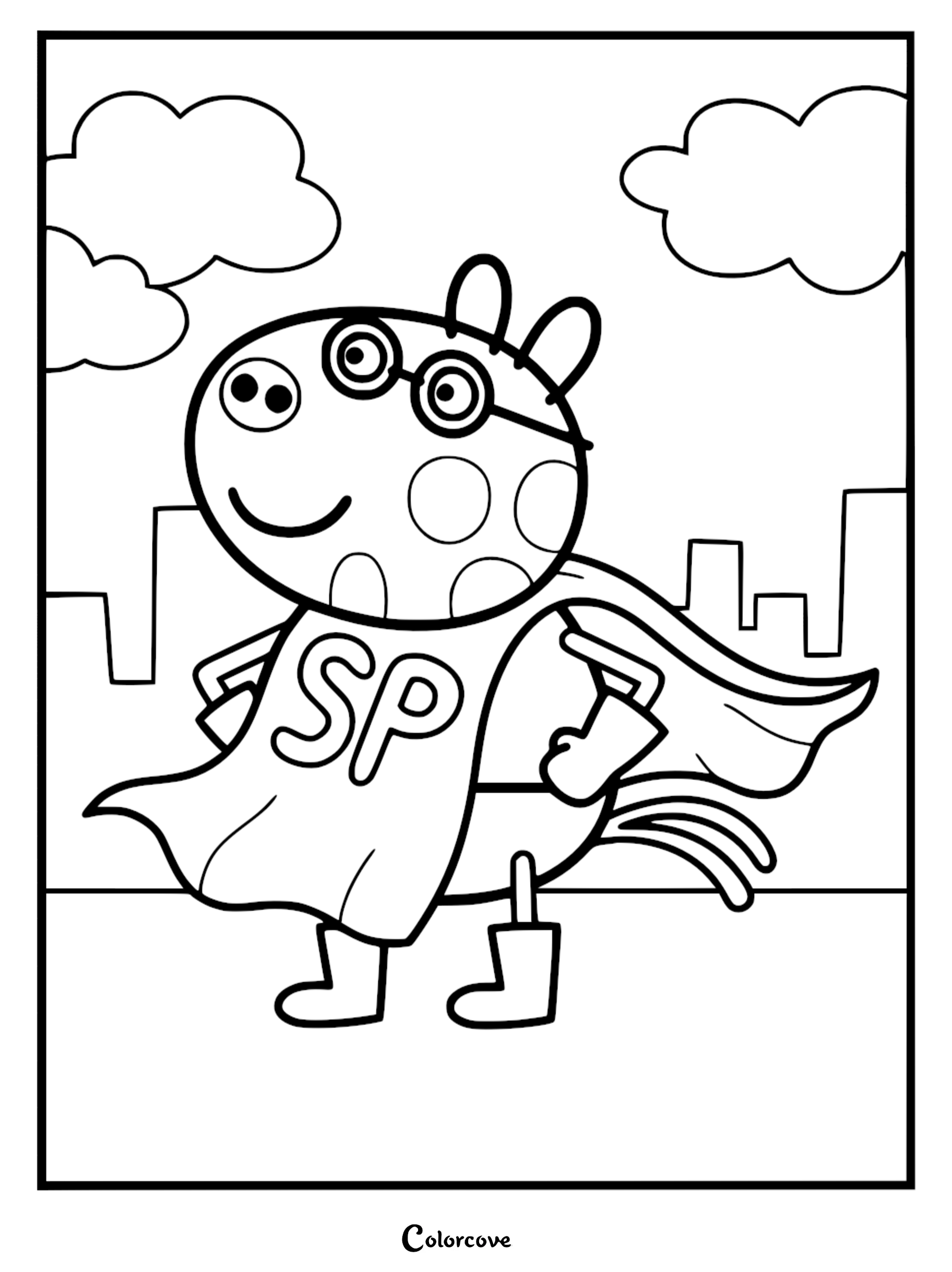 A detailed line art coloring page of Pedro Pony wearing a superhero cape with SP on it, glasses, and boots, standing in front of a city skyline and clouds.