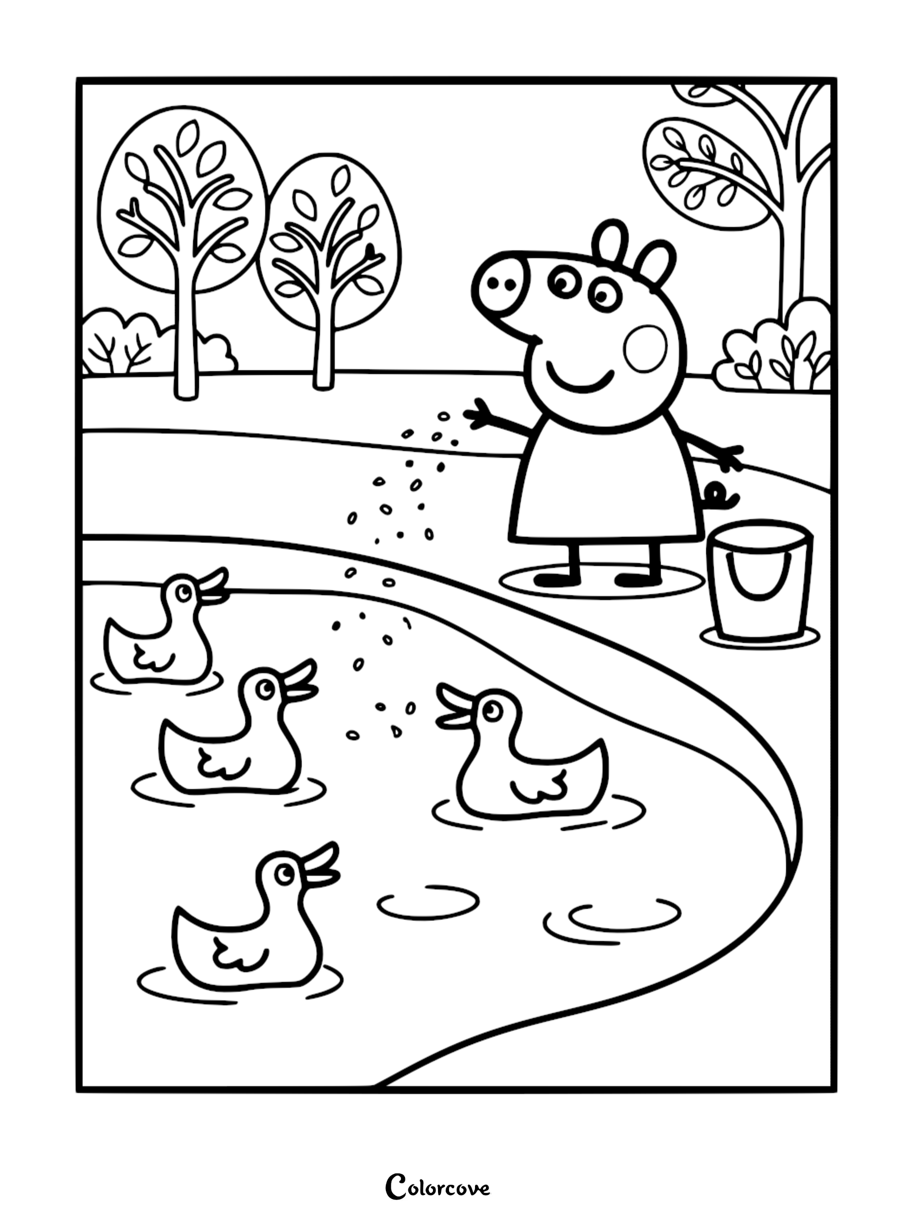 A detailed Peppa Pig coloring page featuring Peppa standing beside a pond, tossing food from a bucket to four swimming ducks.