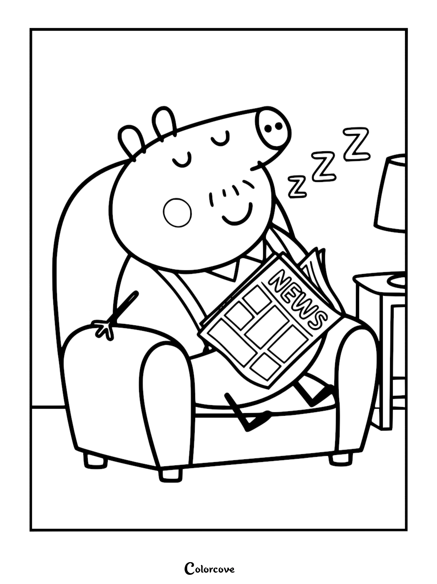 A line art coloring page of Daddy Pig sleeping in a large armchair while holding a newspaper with NEWS written on it, featuring Z symbols and a lamp.