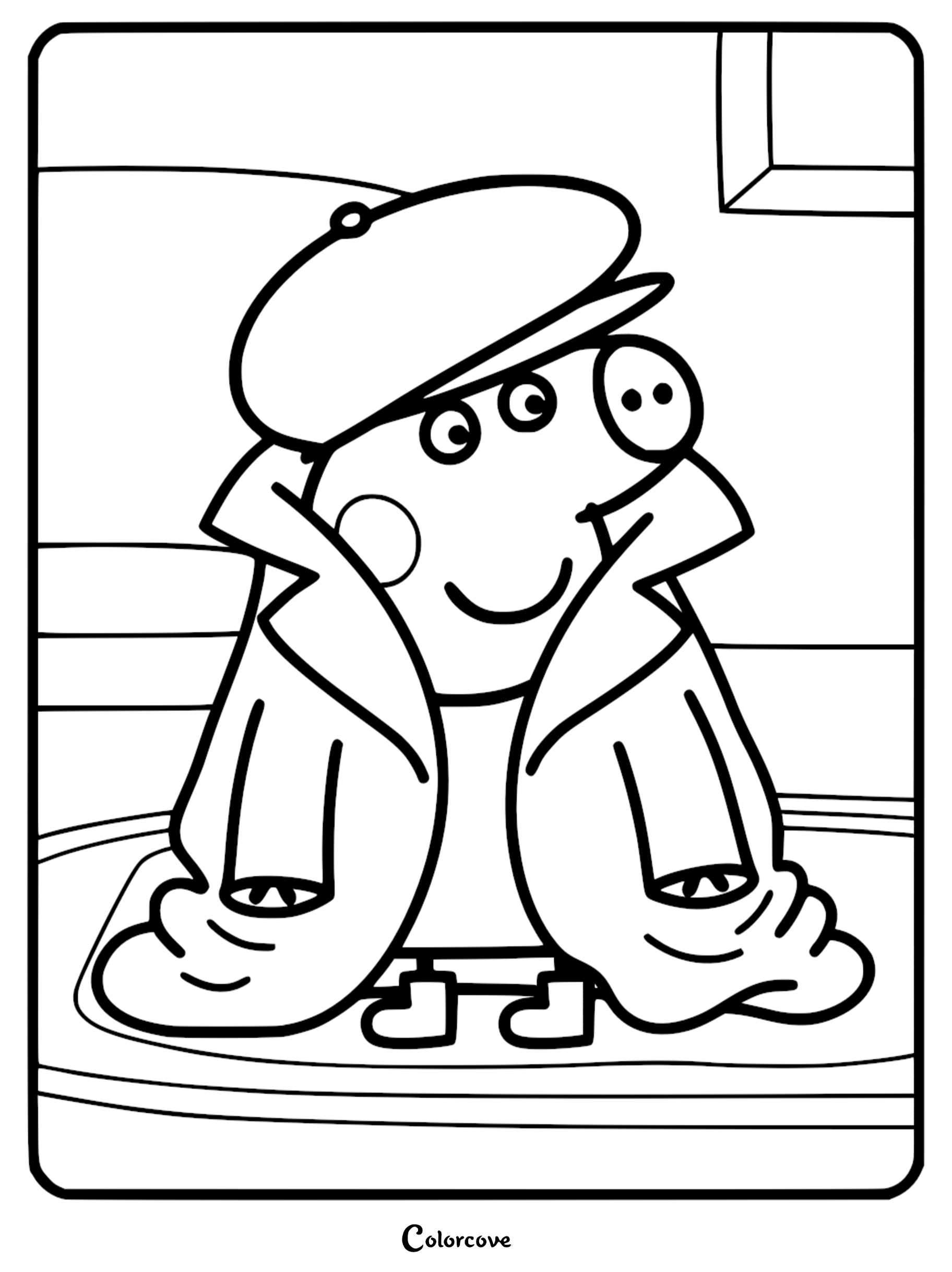 Peppa Pig coloring page featuring Peppa wearing an oversized trench coat and a flat cap while playing dress-up.