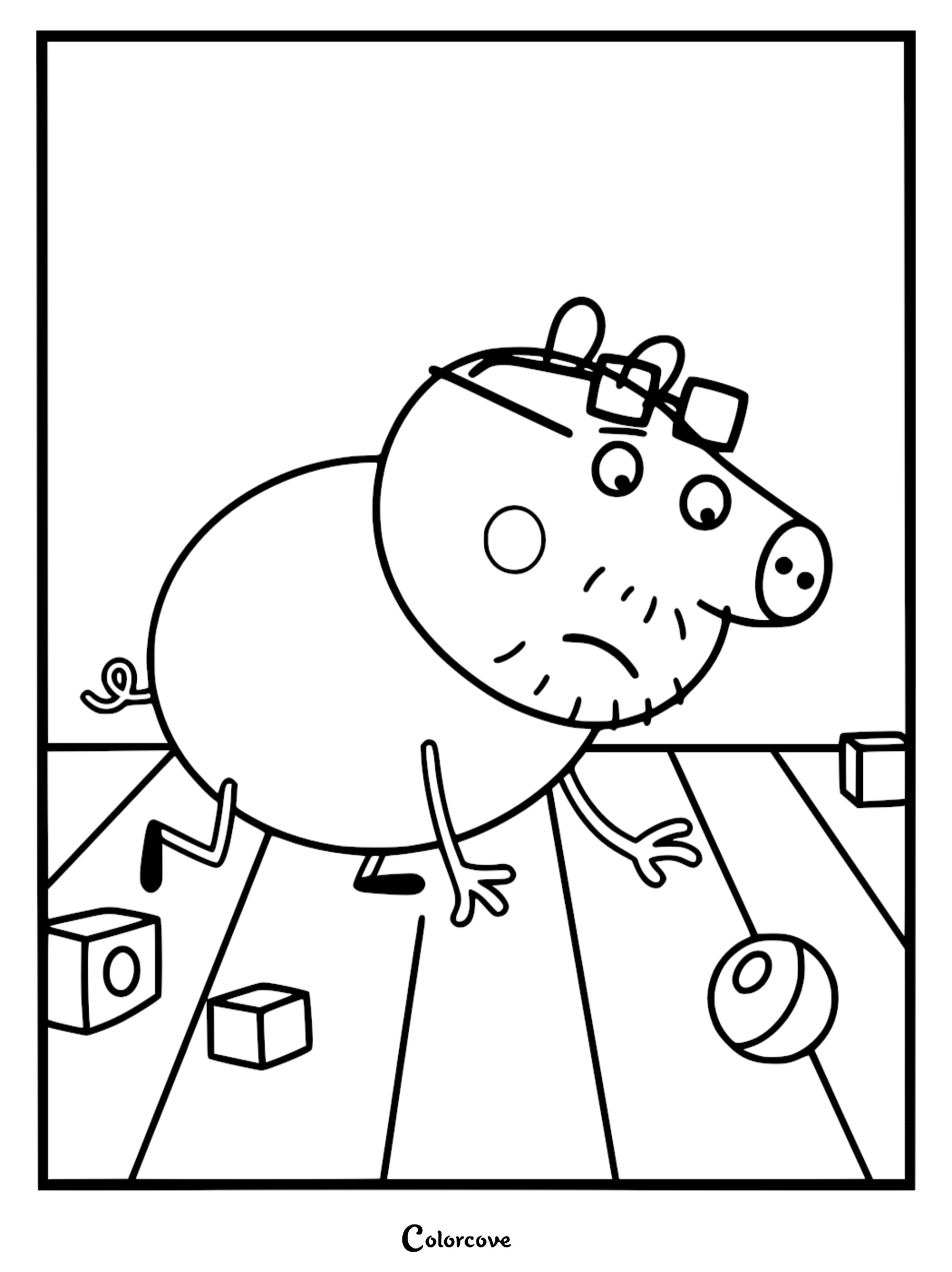 A line art coloring page of Daddy Pig with glasses and stubble crawling on a wooden floor looking for toy blocks and a ball.
