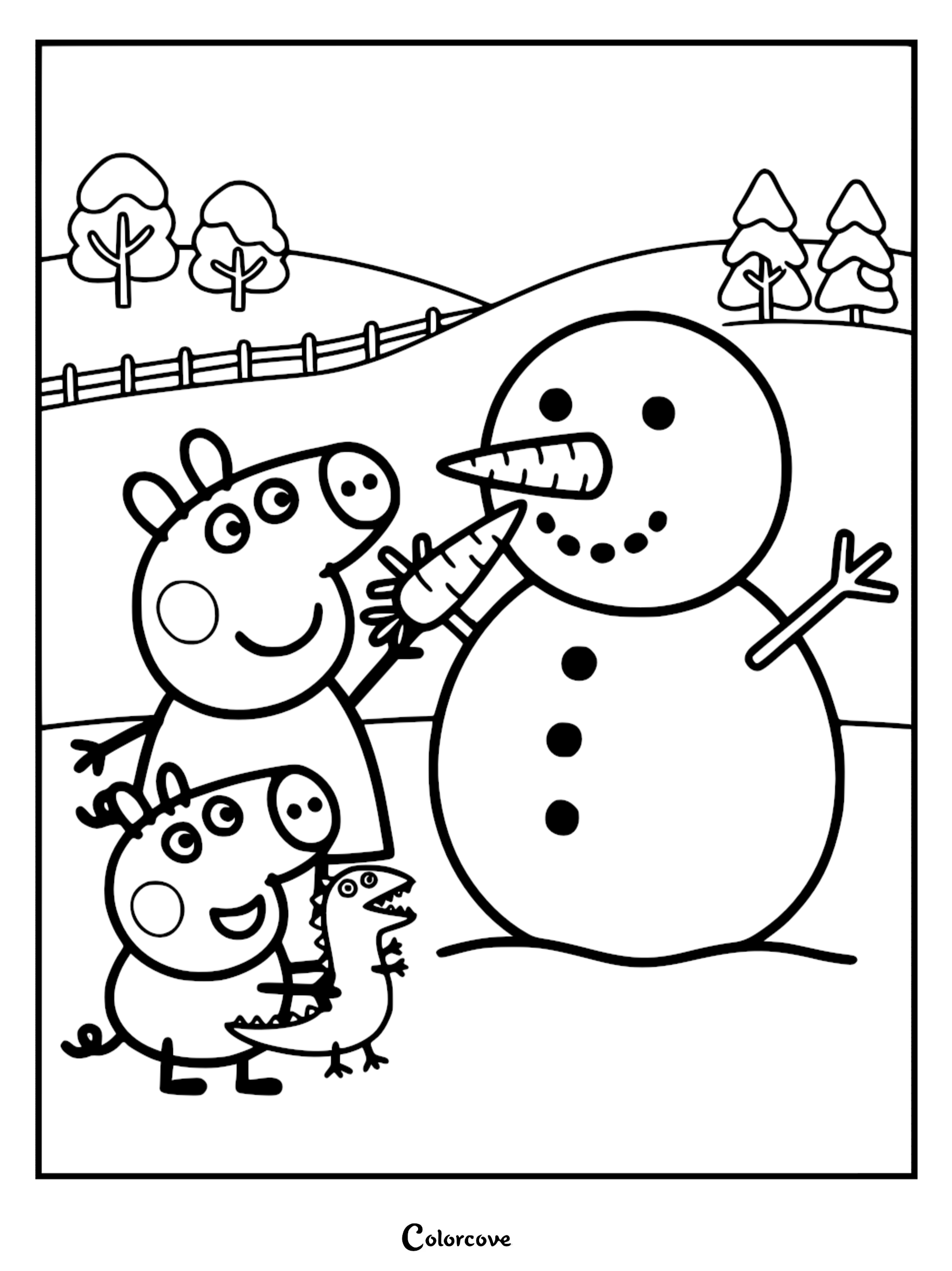 Peppa Pig coloring page showing Peppa adding a carrot nose to a snowman while George holds his dinosaur toy in the snow.