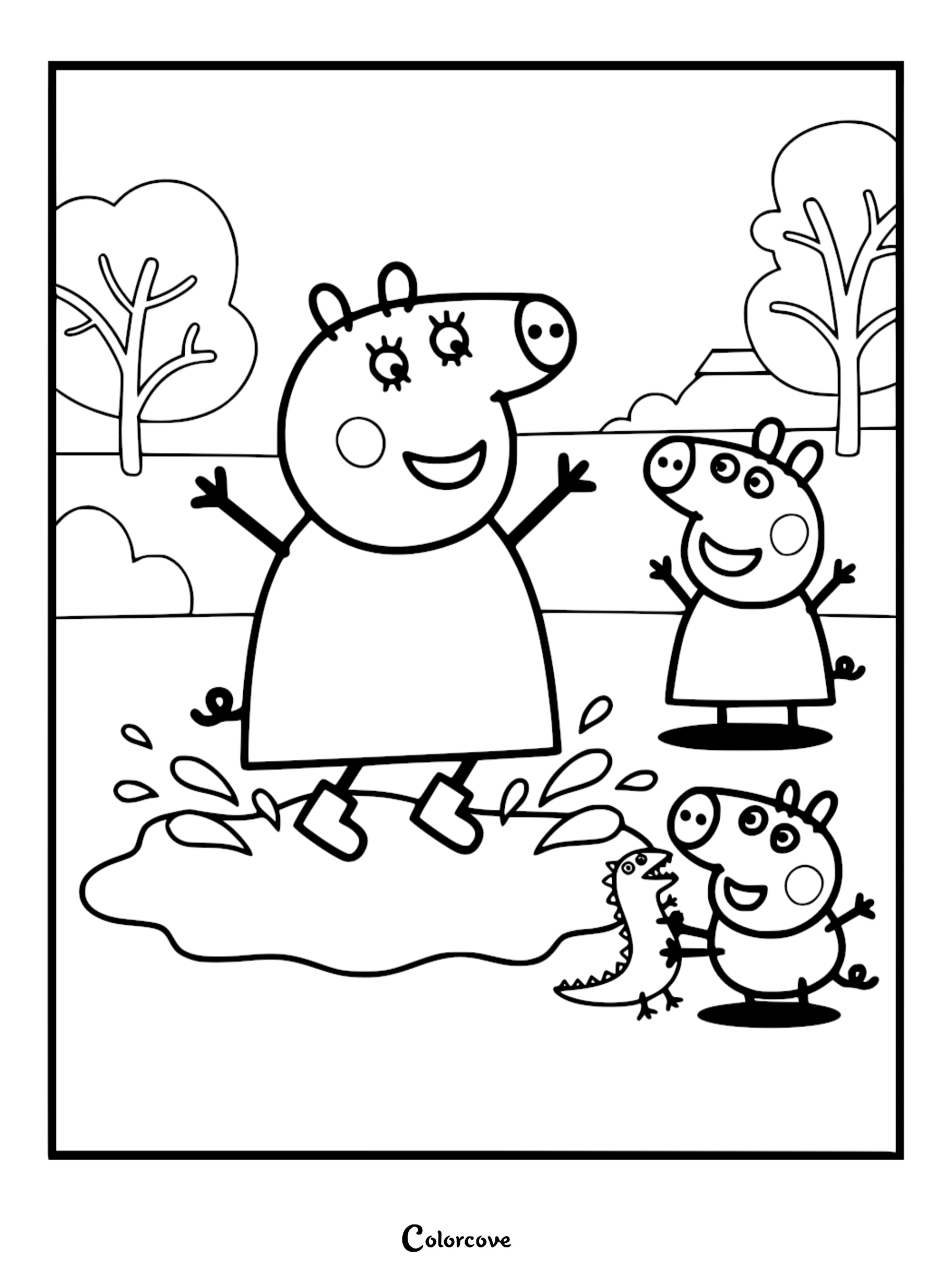 Mummy Pig jumping in a muddy puddle with splashes on a coloring page, while Peppa Pig and George Pig watch with his toy dinosaur.