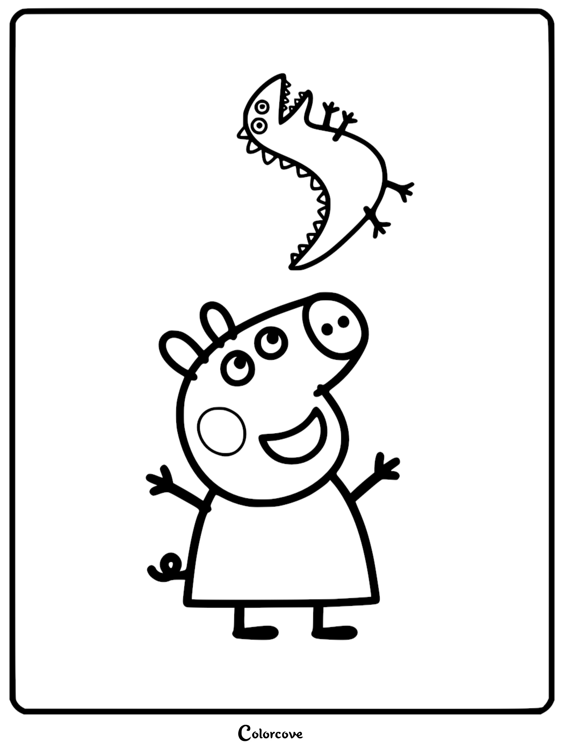 A black and white coloring page of Peppa Pig smiling and looking up at a toy Mr. Dinosaur tossed in the air.