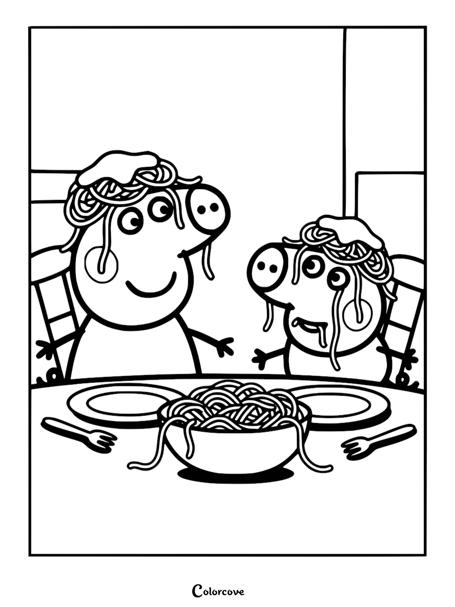 A detailed coloring page showing Peppa Pig and George sitting at a table with spaghetti noodles on their heads and a large bowl of pasta.