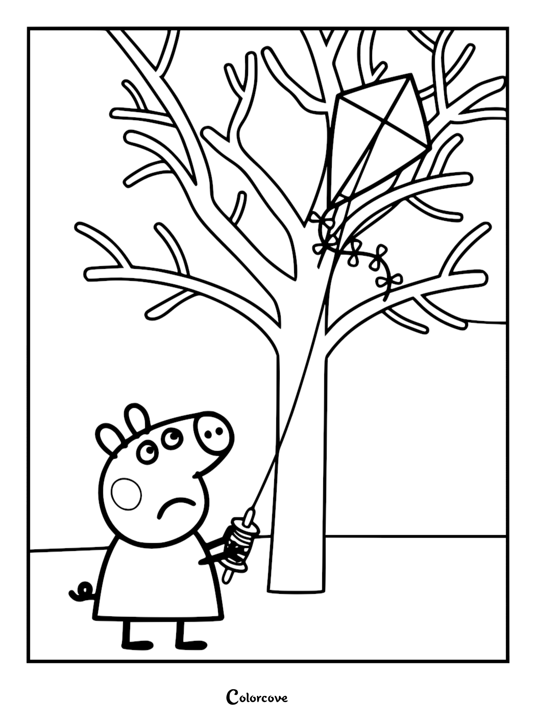 A Peppa Pig coloring page featuring Peppa Pig looking sad while her diamond-shaped kite is tangled in the branches of a large tree.