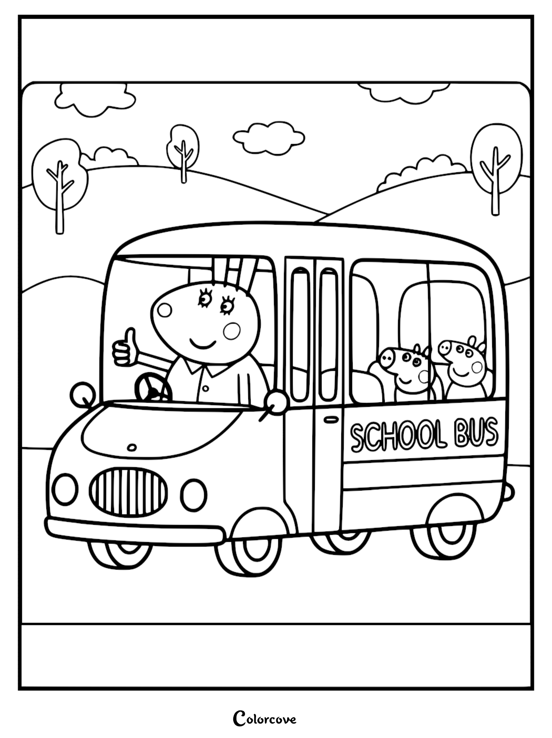 A detailed line art coloring page of Miss Rabbit giving a thumbs up while driving a school bus with Peppa Pig and George.