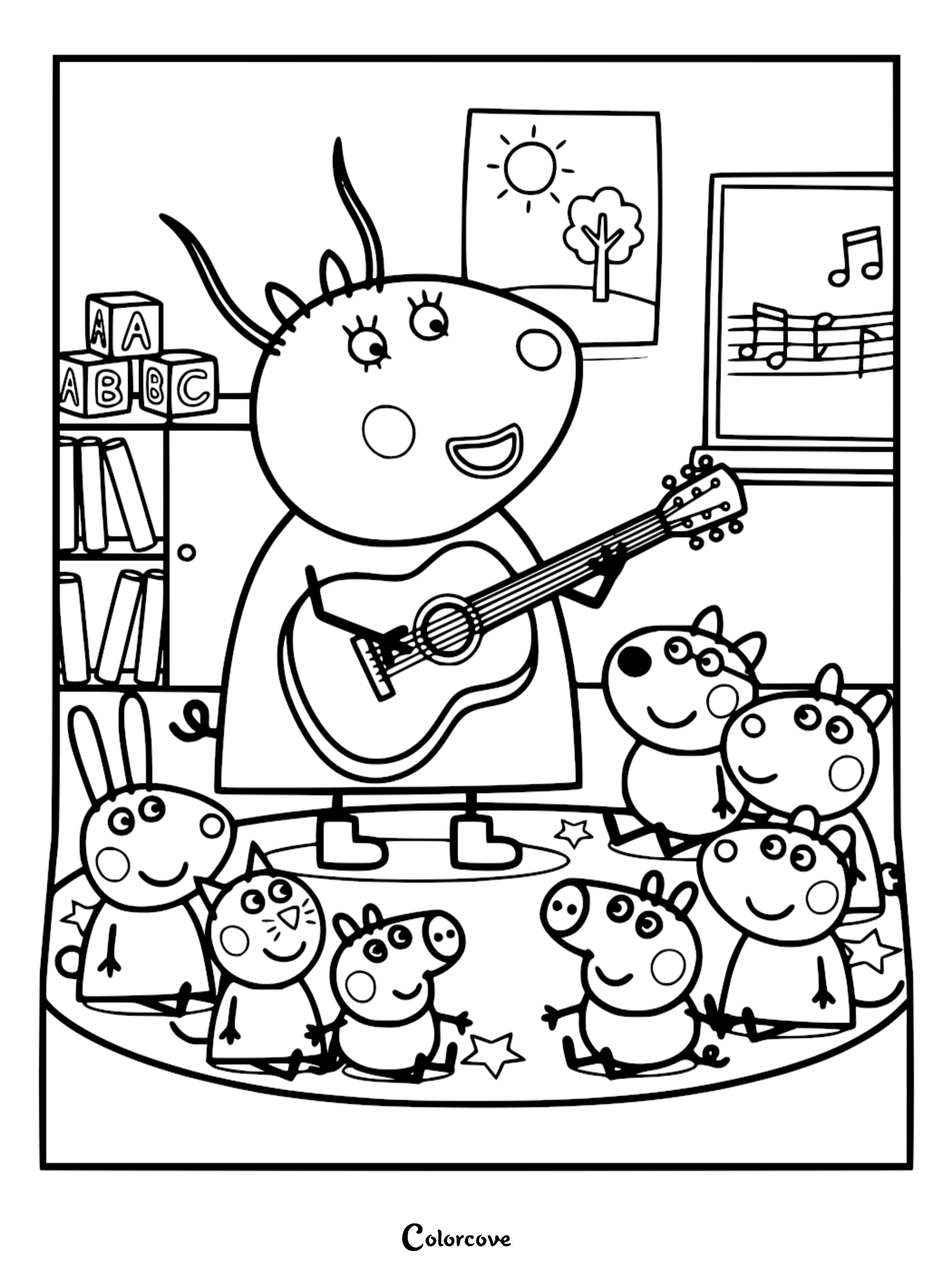 A Peppa Pig coloring page featuring Madame Gazelle playing guitar for Peppa Pig, George, Rebecca Rabbit, Candy Cat, Pedro Pony, Suzy Sheep, and Danny Dog on a star rug.