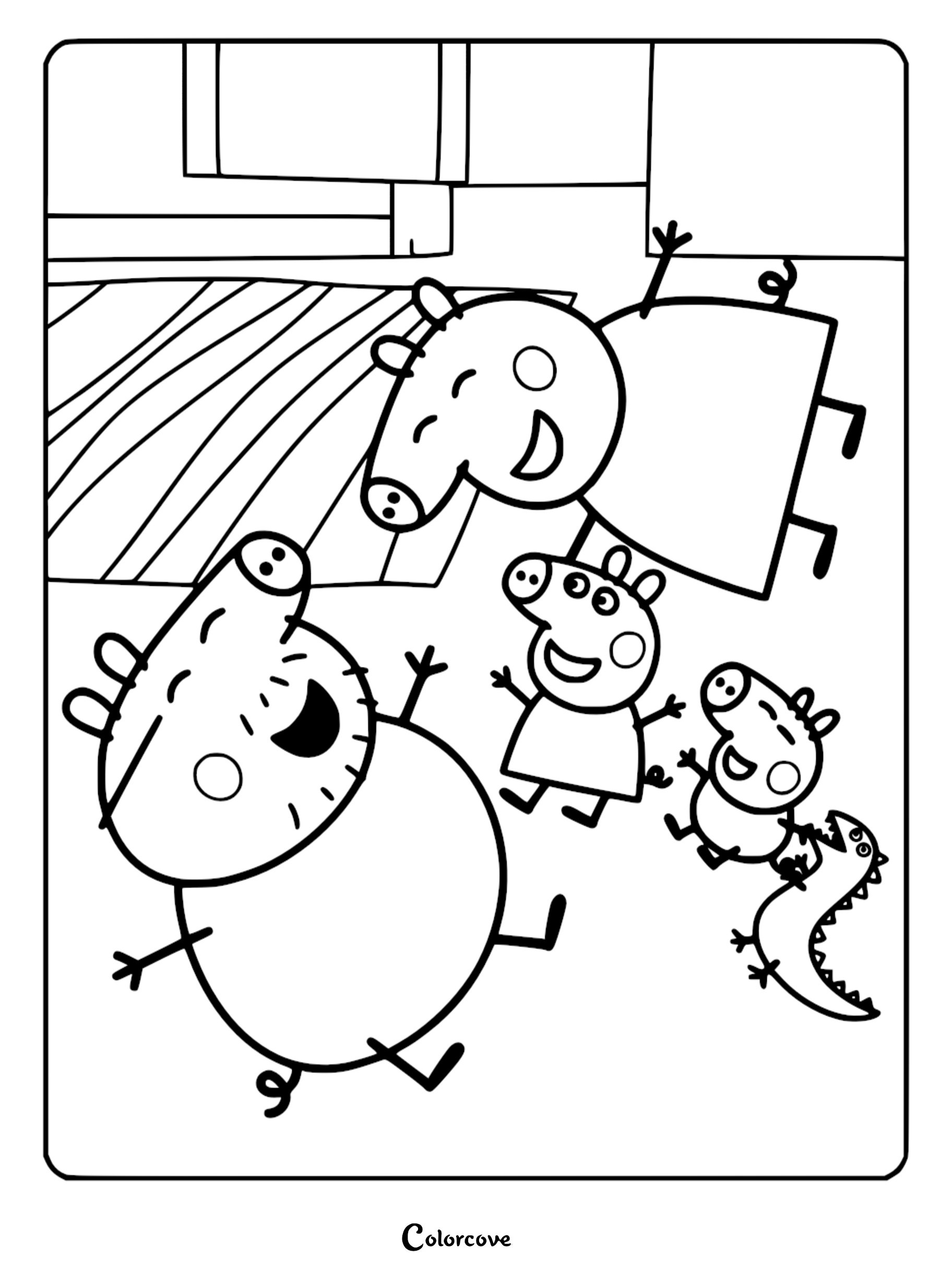 A printable coloring page of Daddy Pig, Mummy Pig, Peppa Pig, and George Pig with his dinosaur toy lying on a striped rug and laughing with their arms raised.