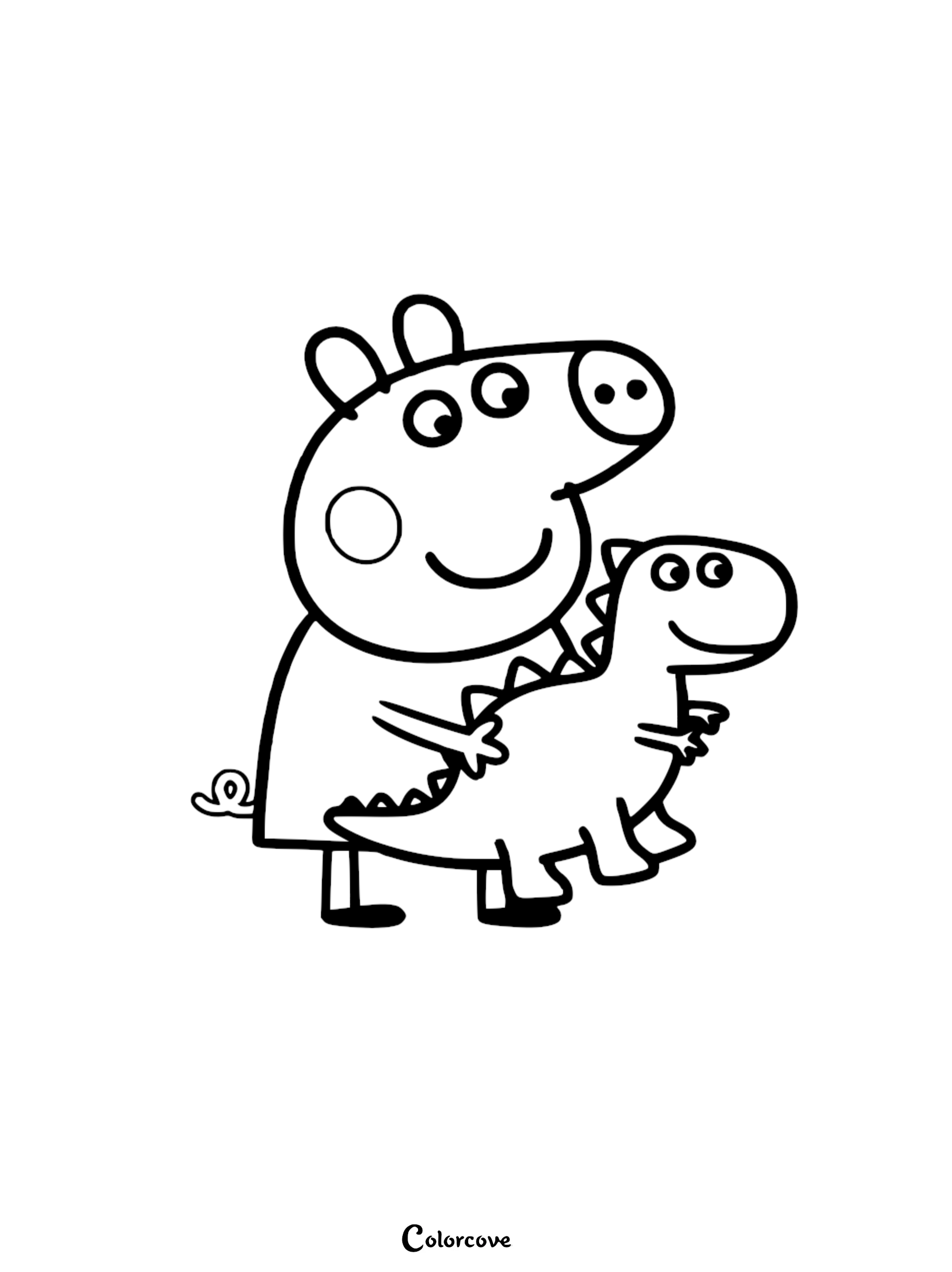 A black and white coloring page featuring Peppa holding her toy Mr. Dinosaur with a happy expression.