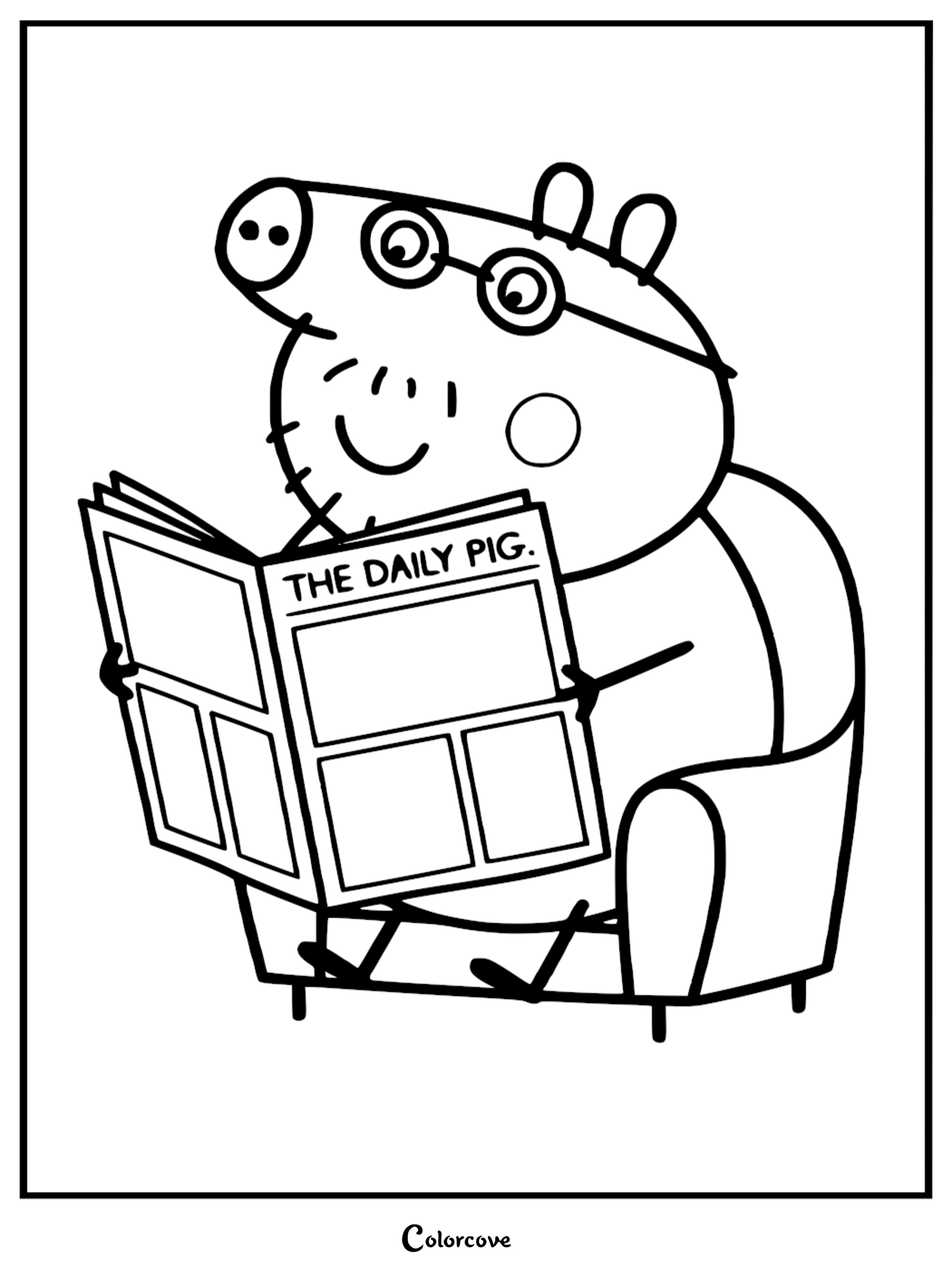 A line art coloring page of Daddy Pig wearing glasses and reading a newspaper titled The Daily Pig while sitting in an armchair.