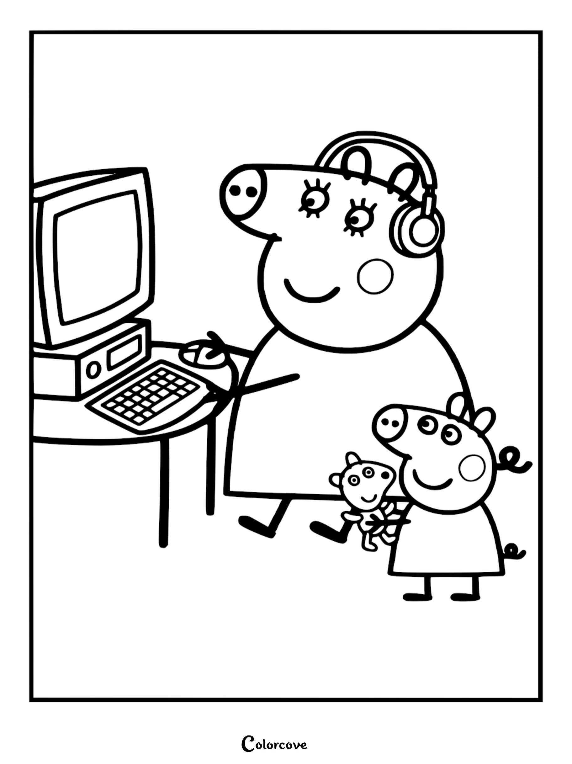 Mummy Pig wearing headphones and using a computer mouse on this printable coloring page with Peppa Pig holding her teddy bear.