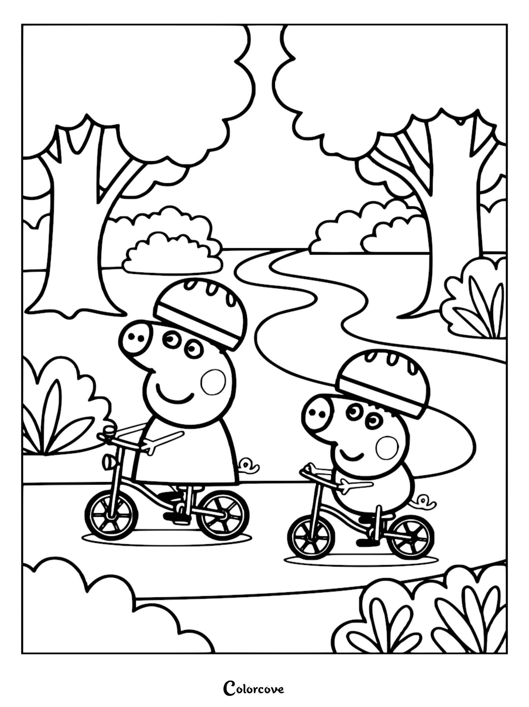 Peppa Pig coloring page showing Peppa Pig and George wearing safety helmets and riding bicycles on a winding path through a park with trees.