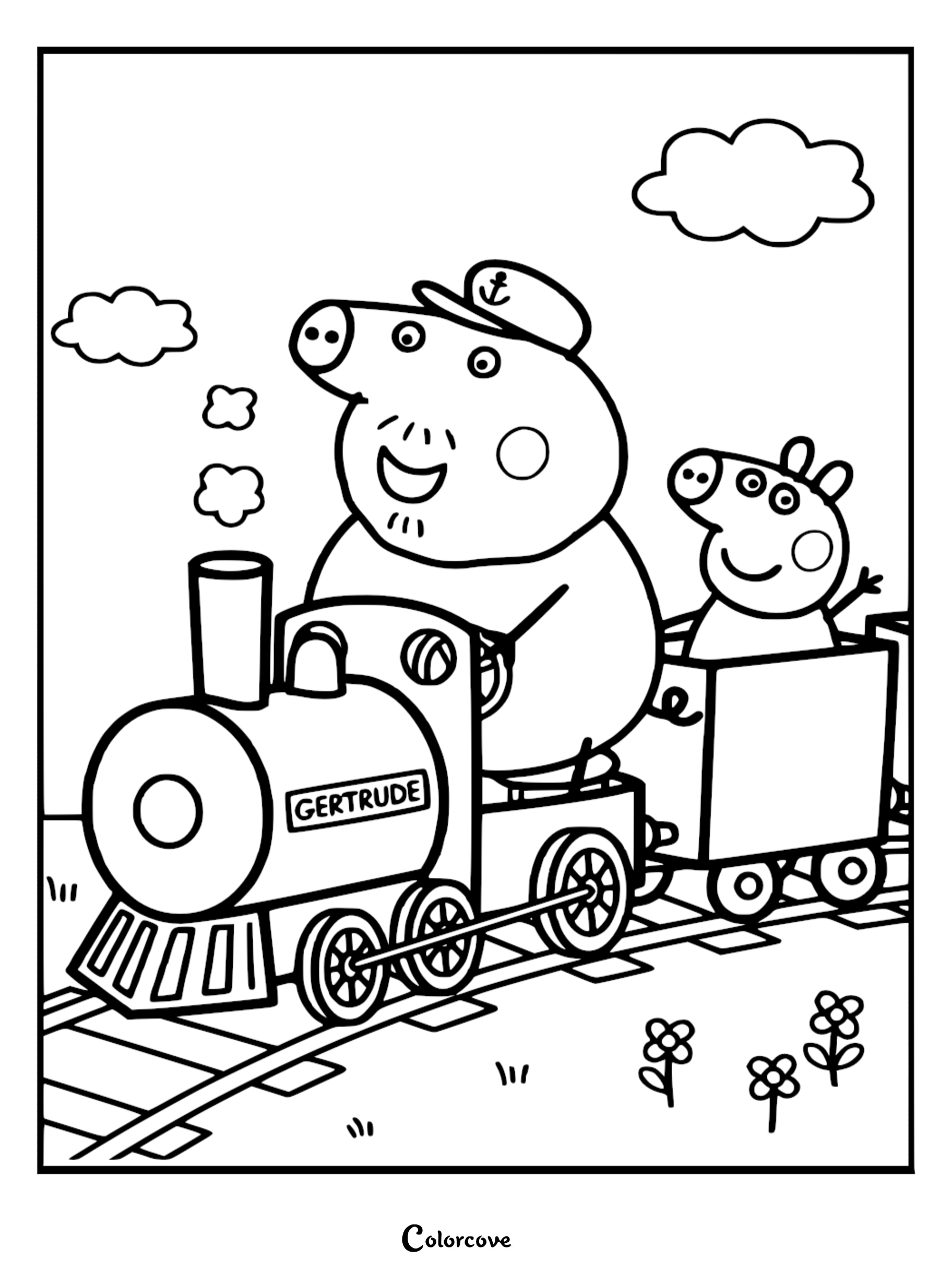 A Peppa Pig coloring page featuring Grandpa Pig wearing his captain's hat while driving the Gertrude steam engine with George riding in the back wagon.