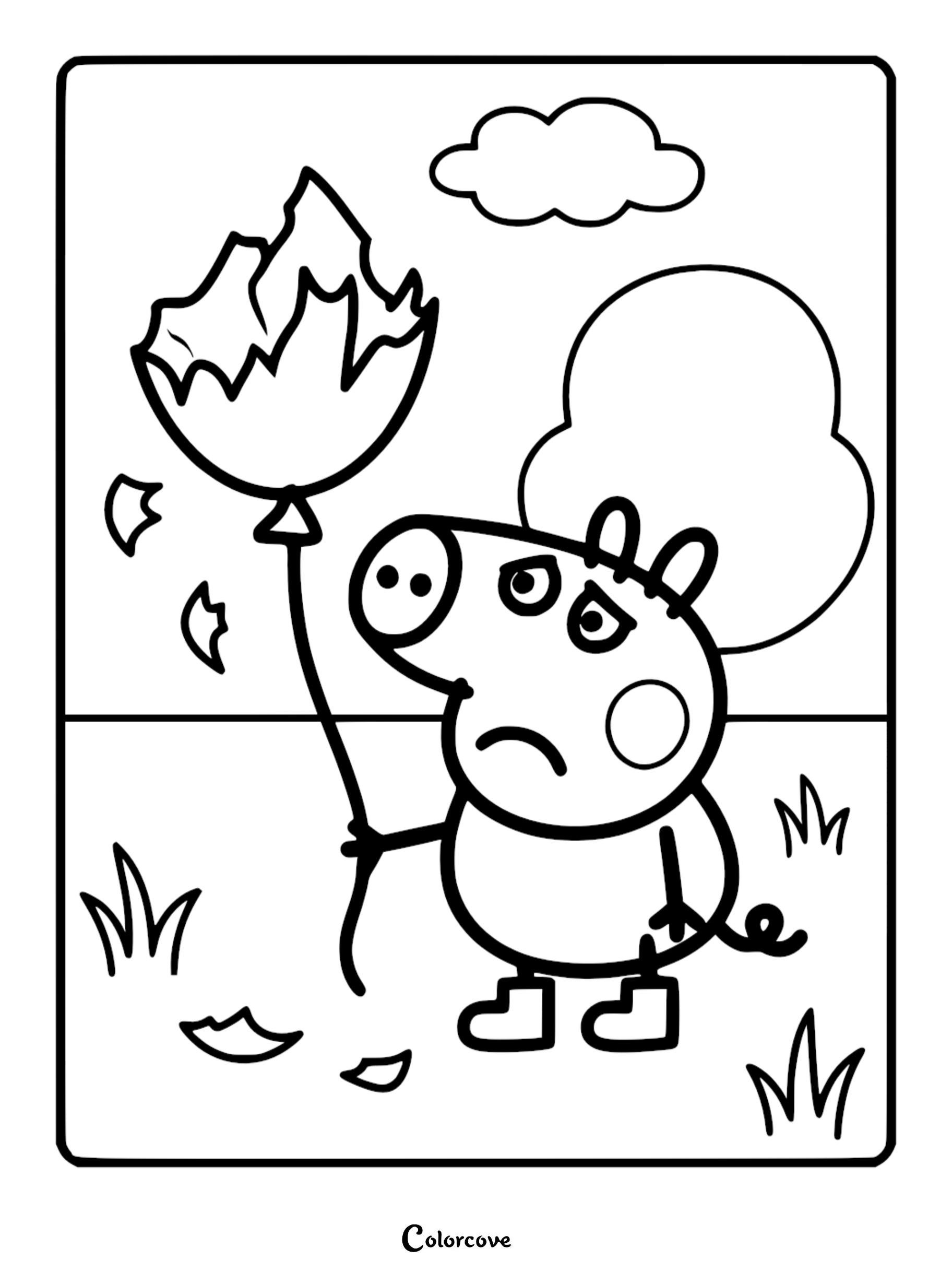 A Peppa Pig coloring page showing Peppa looking sad while holding a string attached to a burst balloon with pieces falling in a grassy field.