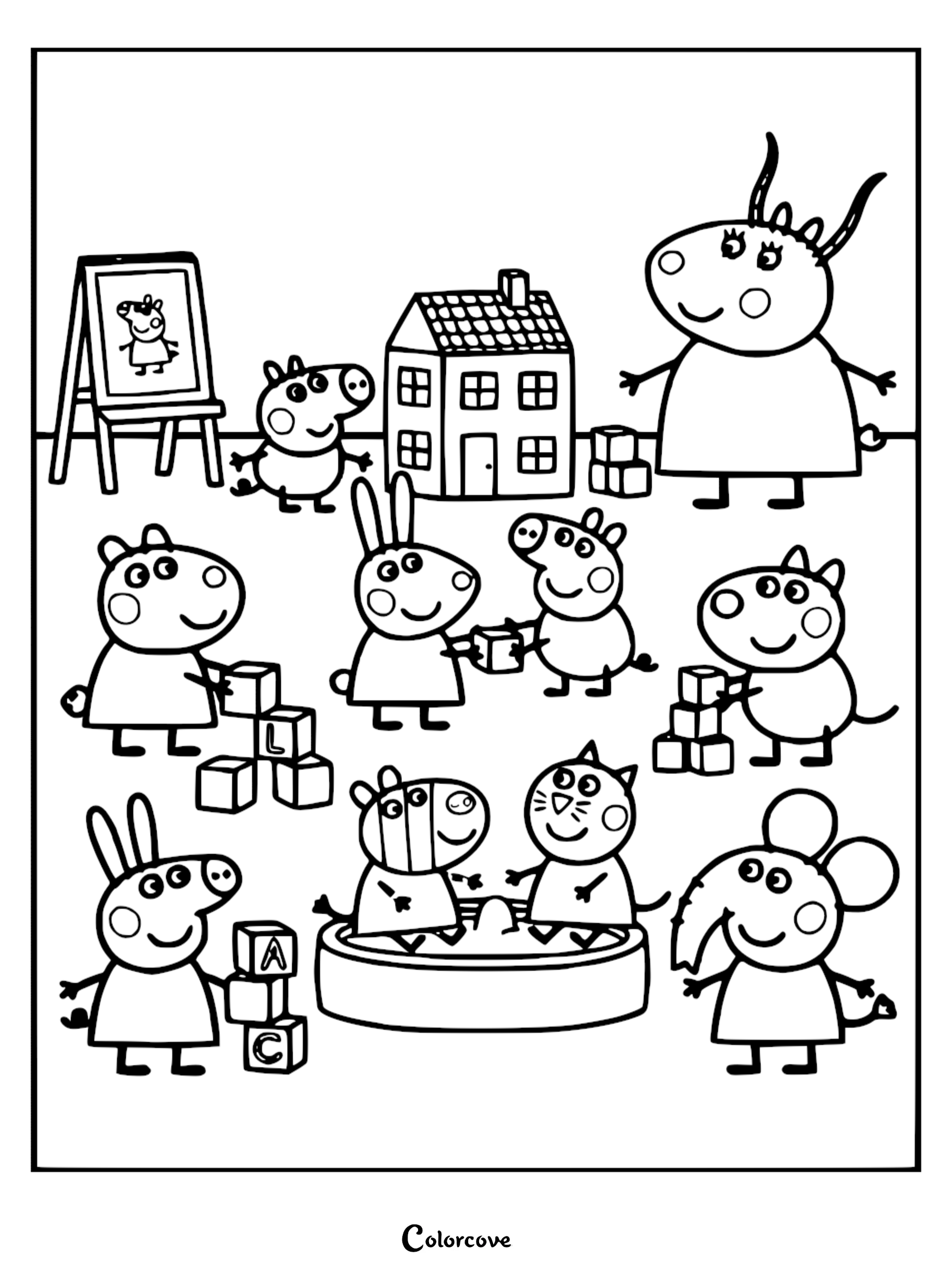 Peppa Pig coloring page showing Madame Gazelle watching George, Peppa, and friends play with alphabet blocks, a toy house, and a sandpit.