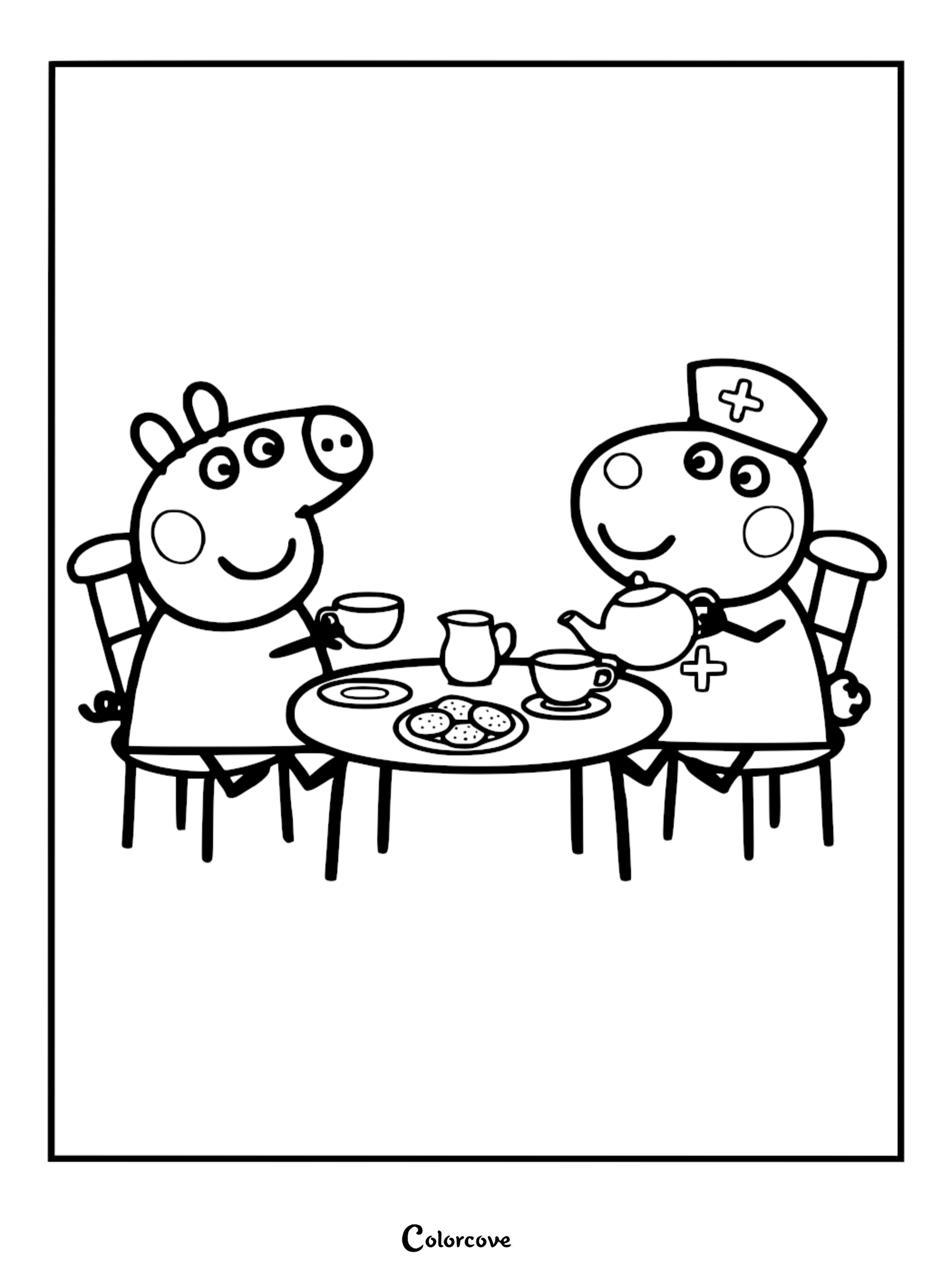A detailed coloring page of Peppa Pig and George sitting at a round table, George wearing a nurse hat and pouring tea from a teapot.