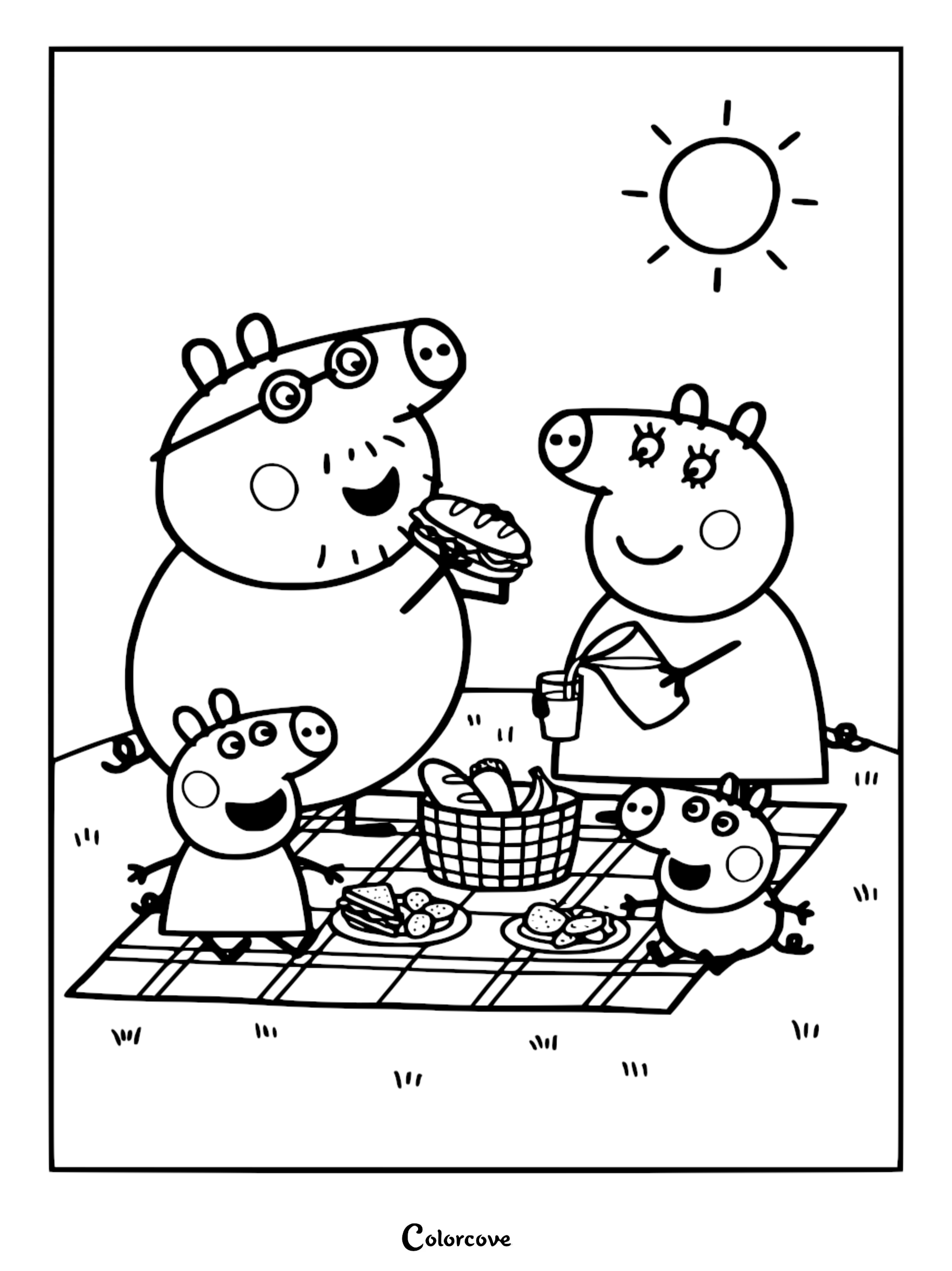 A Peppa Pig coloring page of Daddy Pig eating a sandwich and Mummy Pig pouring juice for Peppa Pig and George.