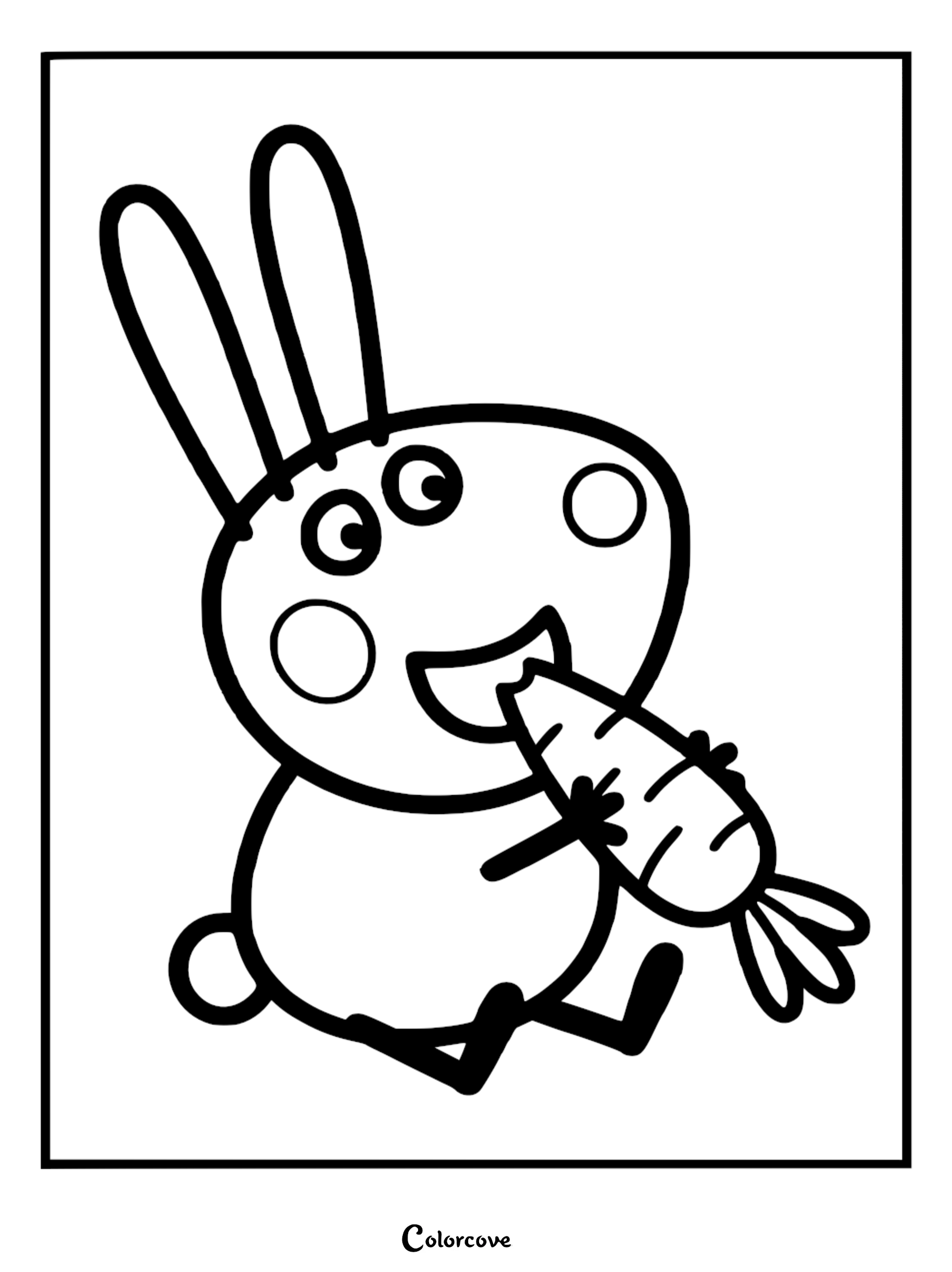 A simple line art coloring page of Rebecca Rabbit from Peppa Pig sitting on the ground and eating a large carrot.