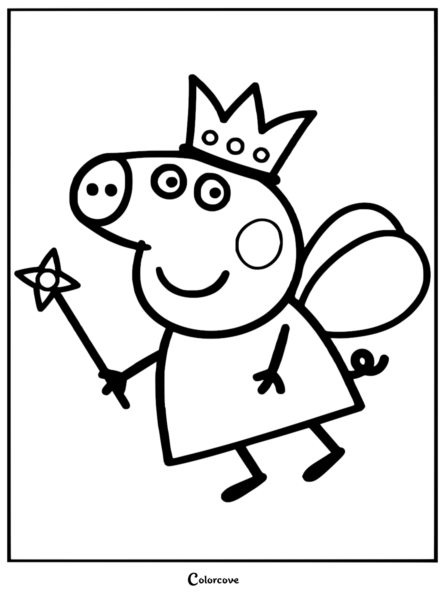 A black and white line art coloring page of Peppa Pig dressed as a fairy princess wearing a crown and wings while holding a star wand.