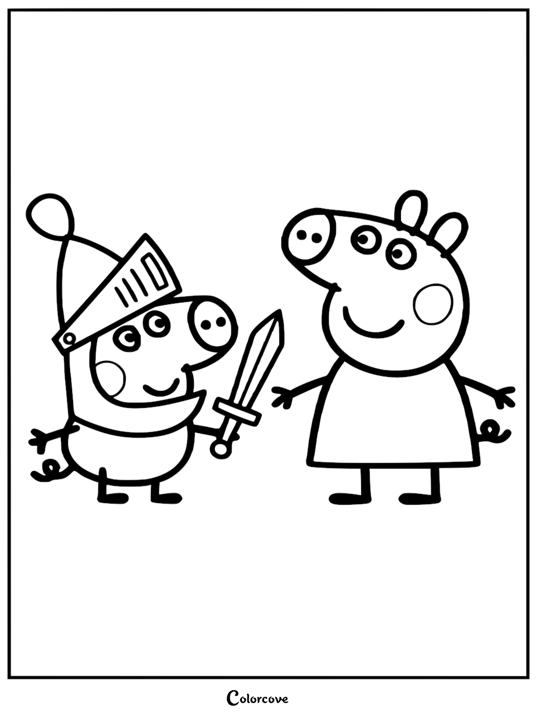 A detailed line art coloring page of George wearing a knight's helmet and holding a toy sword while standing with Peppa Pig.
