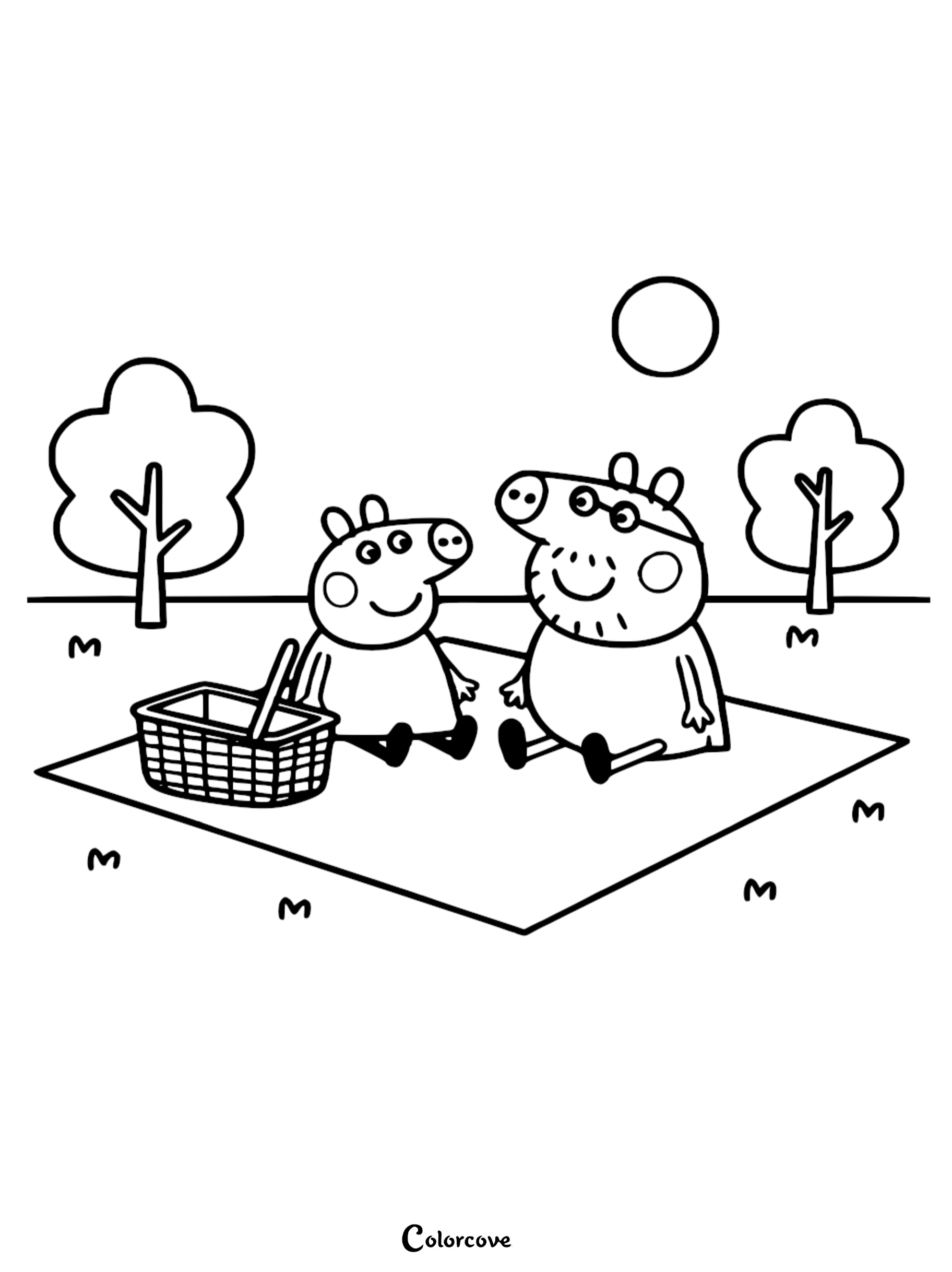 A Peppa Pig coloring page featuring Peppa Pig and Daddy Pig sitting on a picnic blanket next to a woven basket.