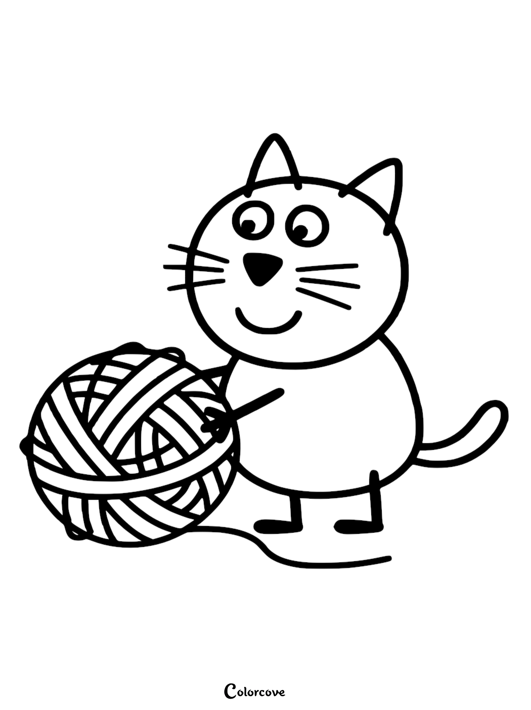 Line art coloring page of Candy Cat from Peppa Pig touching a large, detailed ball of yarn with her paws.