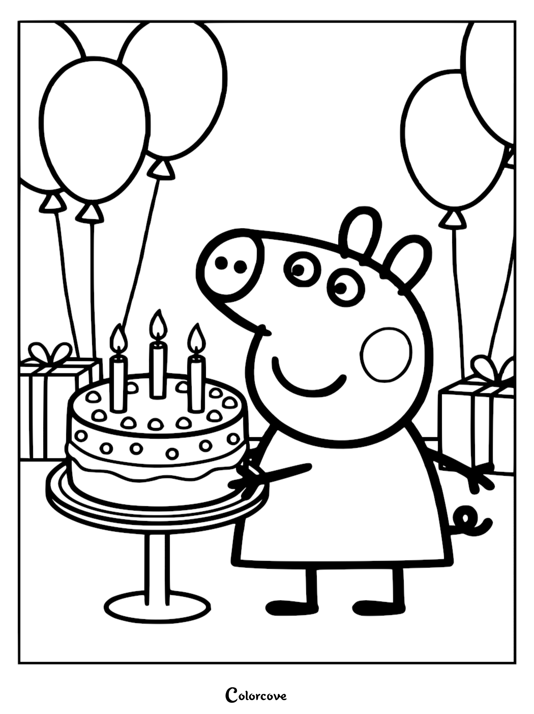 A Peppa Pig coloring page showing Peppa standing next to a birthday cake with three candles, balloons, and gift boxes.