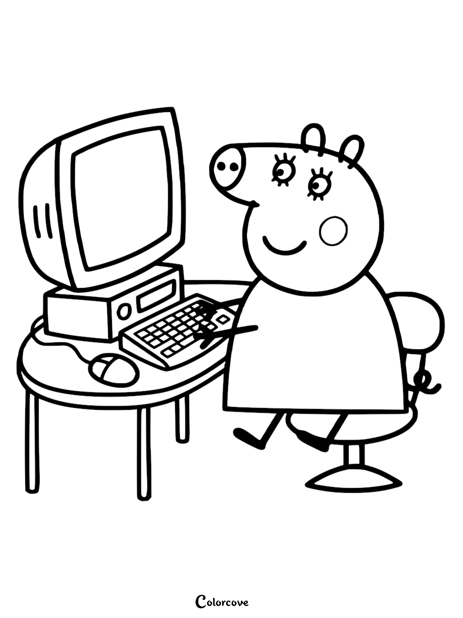 Peppa Pig coloring page featuring the character sitting on a swivel chair at a desk with a monitor, keyboard, and mouse.