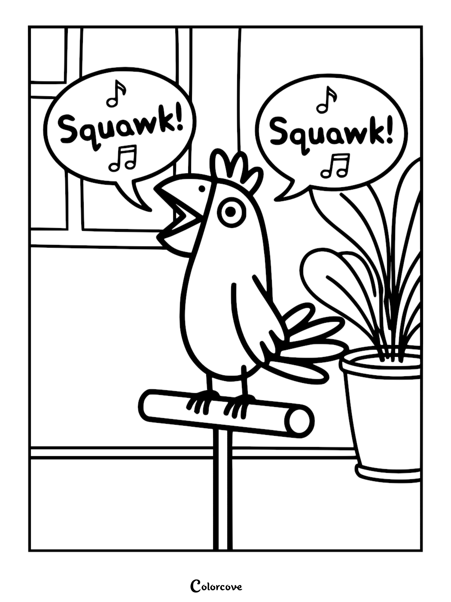 A detailed line art coloring page of Polly Parrot from Peppa Pig squawking on a perch with musical notes and a potted plant.