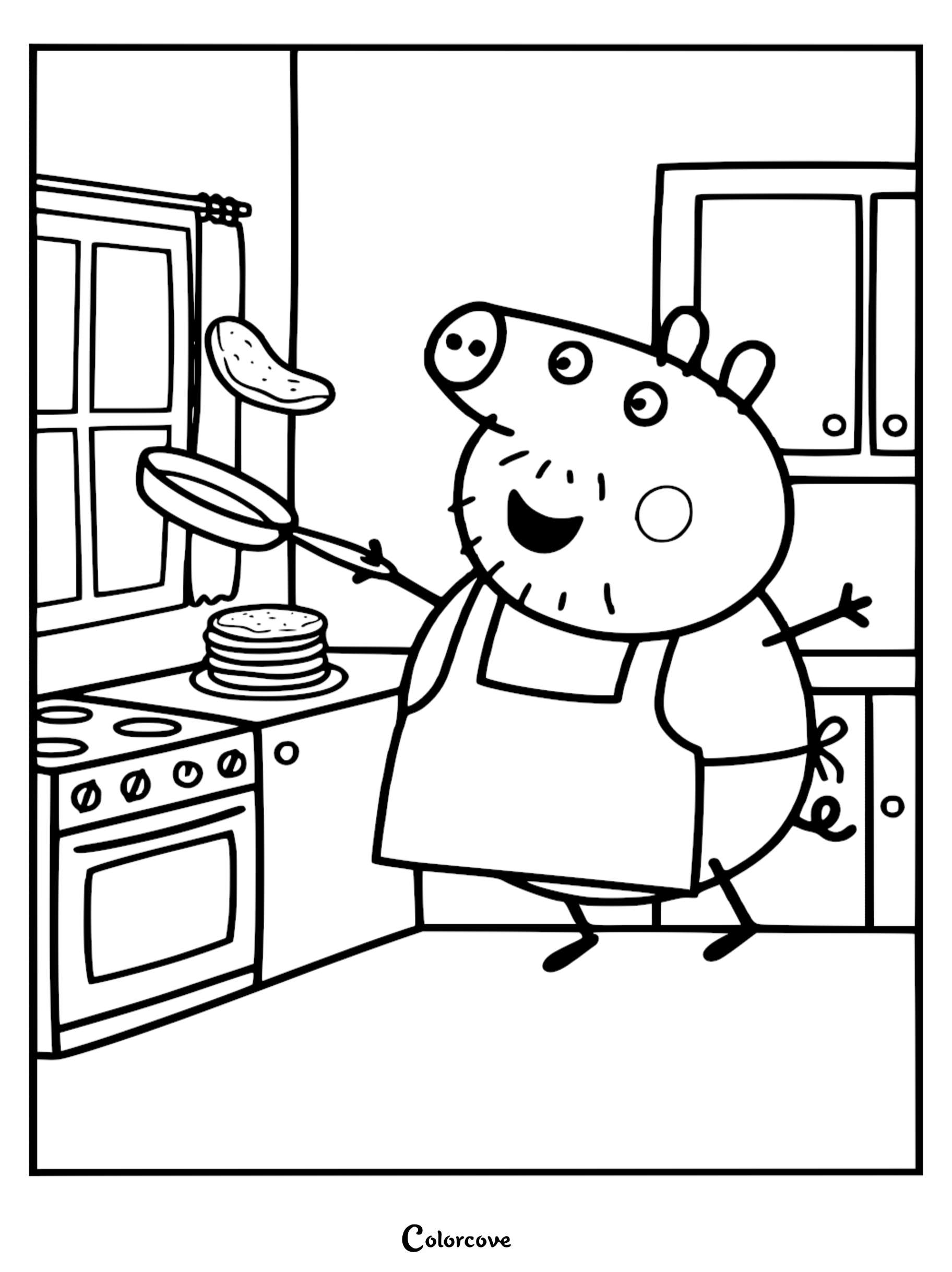 A detailed coloring page of Daddy Pig wearing an apron and flipping a pancake in a frying pan in the kitchen.