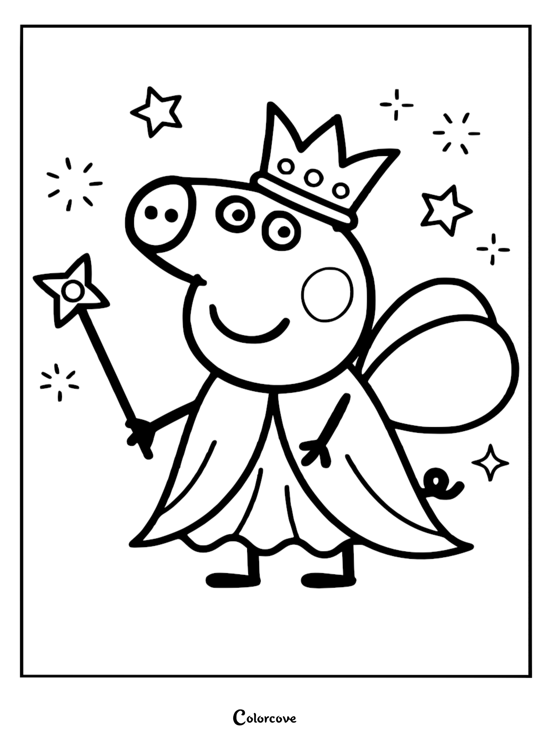 A line art coloring page of Peppa Pig dressed as a fairy princess wearing a crown and wings while holding a magic wand.