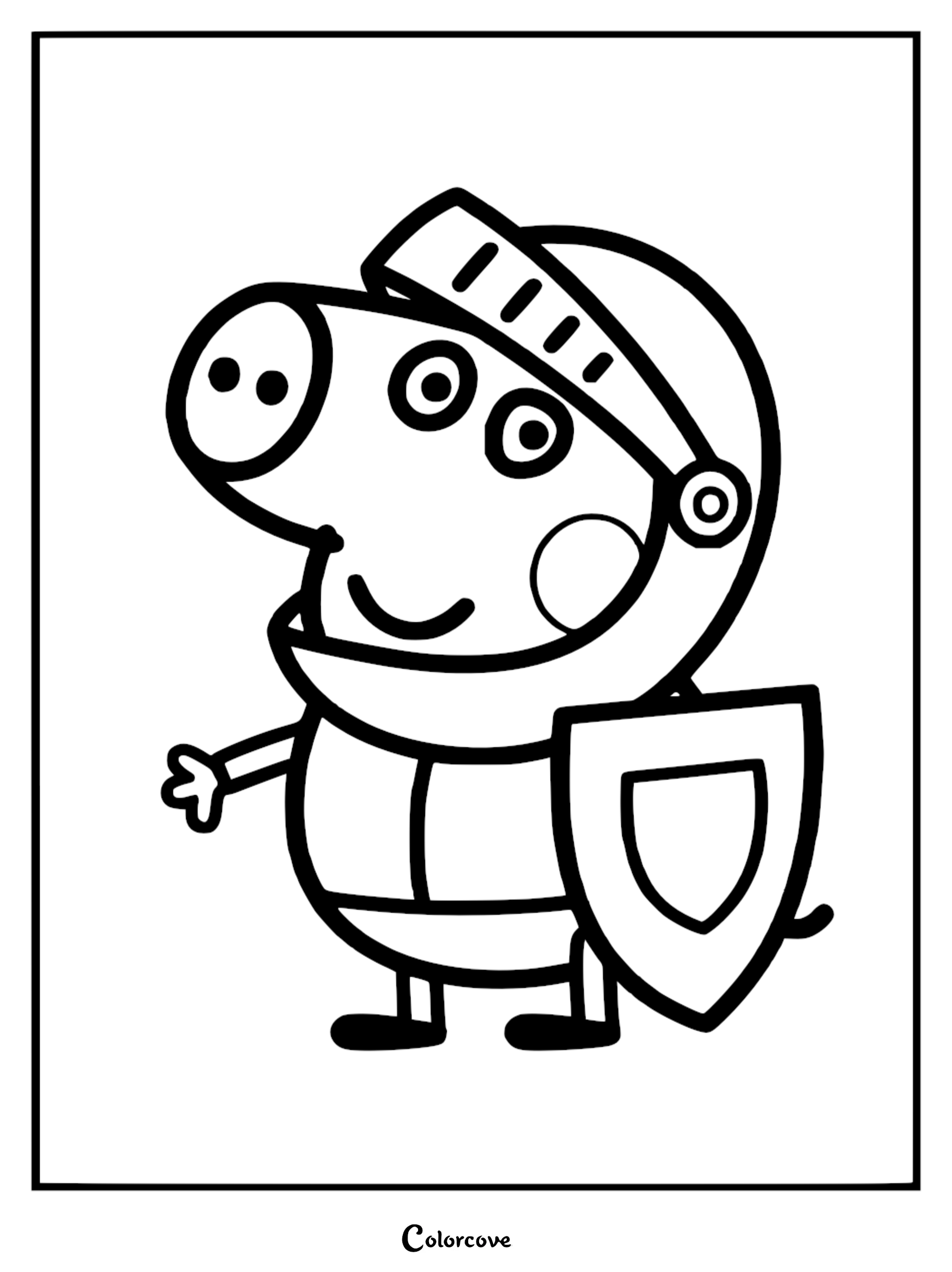 A printable coloring page of Peppa Pig dressed as a medieval knight wearing a helmet with a slotted visor and holding a large shield.