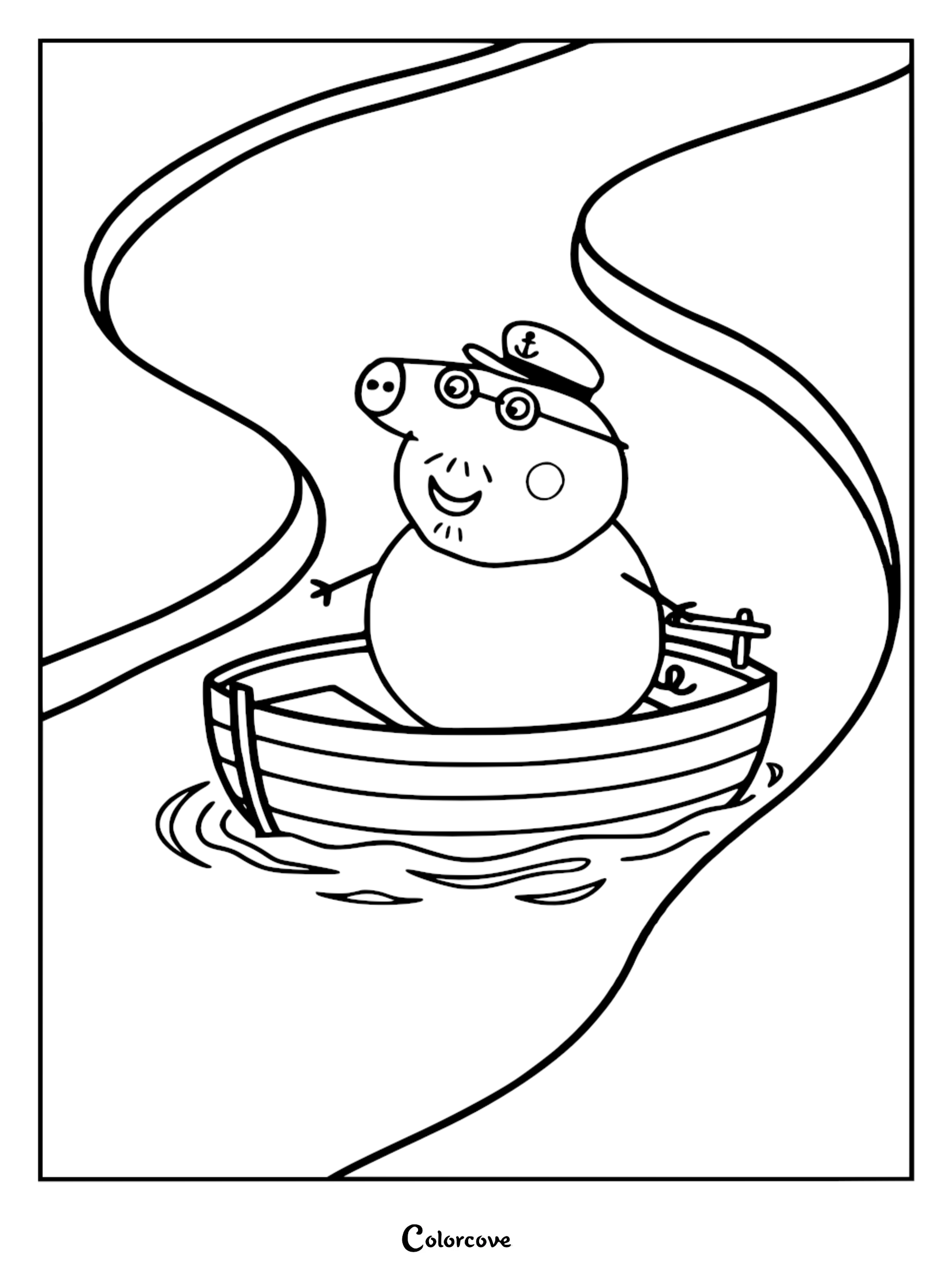 A detailed coloring page of Grandpa Pig wearing his captain's hat and glasses while steering a small wooden boat on a winding river.