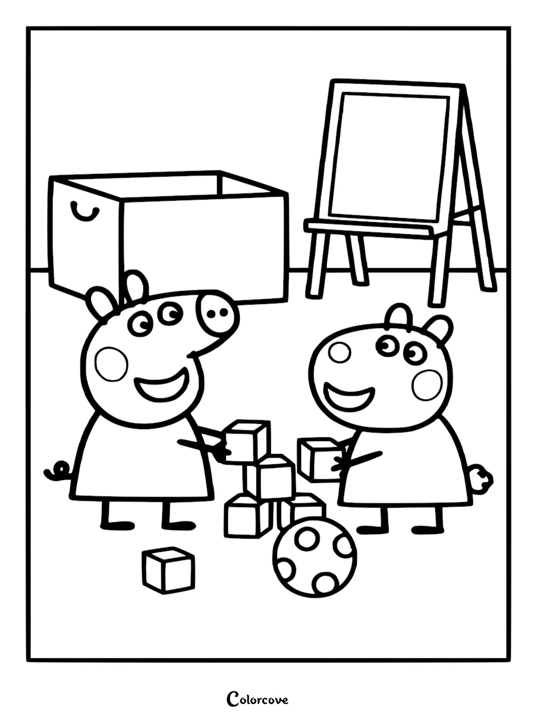 A detailed line art coloring page of Peppa Pig and George stacking wooden blocks in a playroom with a toy box and easel.