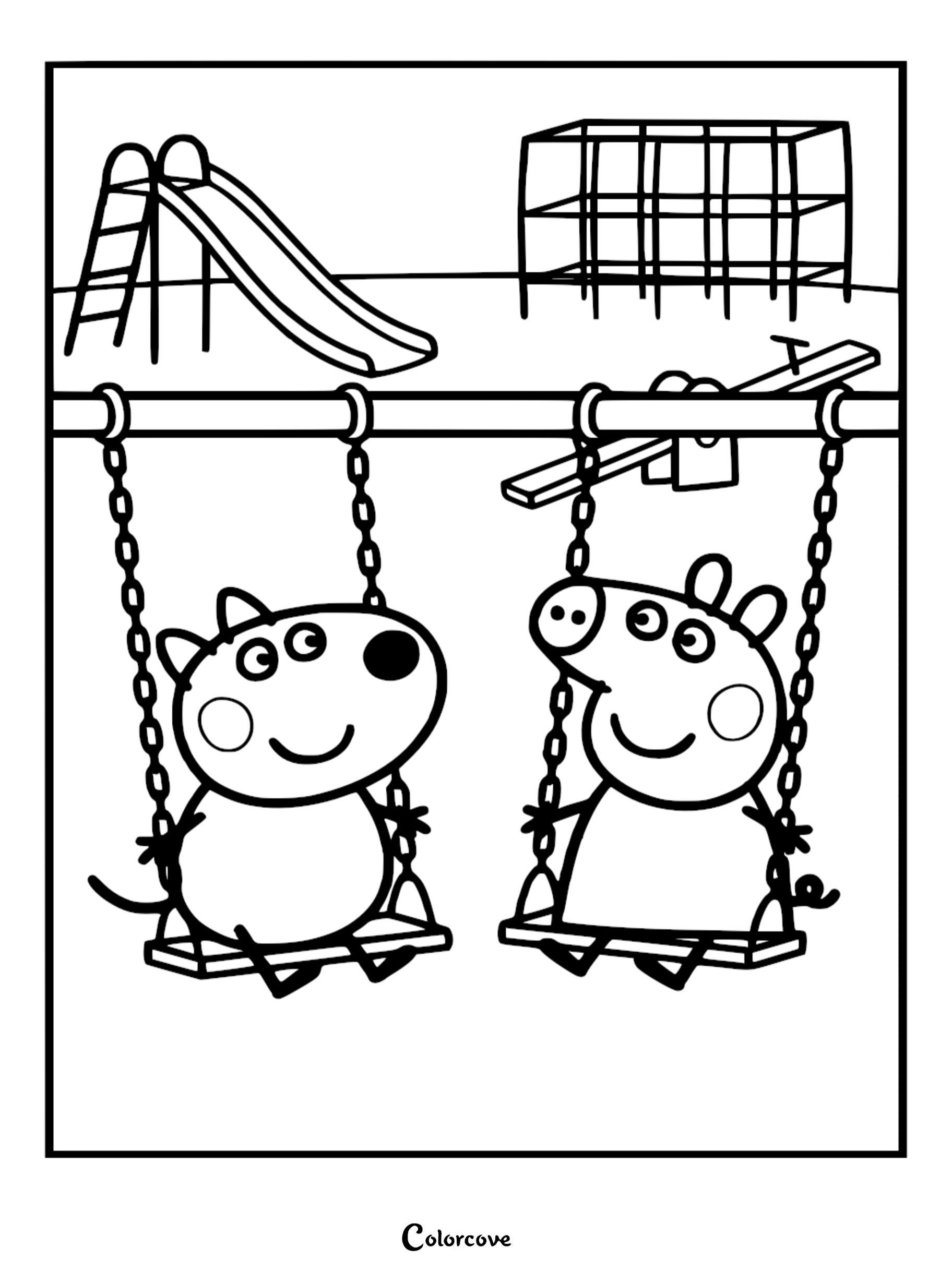 A black and white coloring page of Peppa Pig and Danny Dog sitting on swings at a playground with a slide and seesaw.