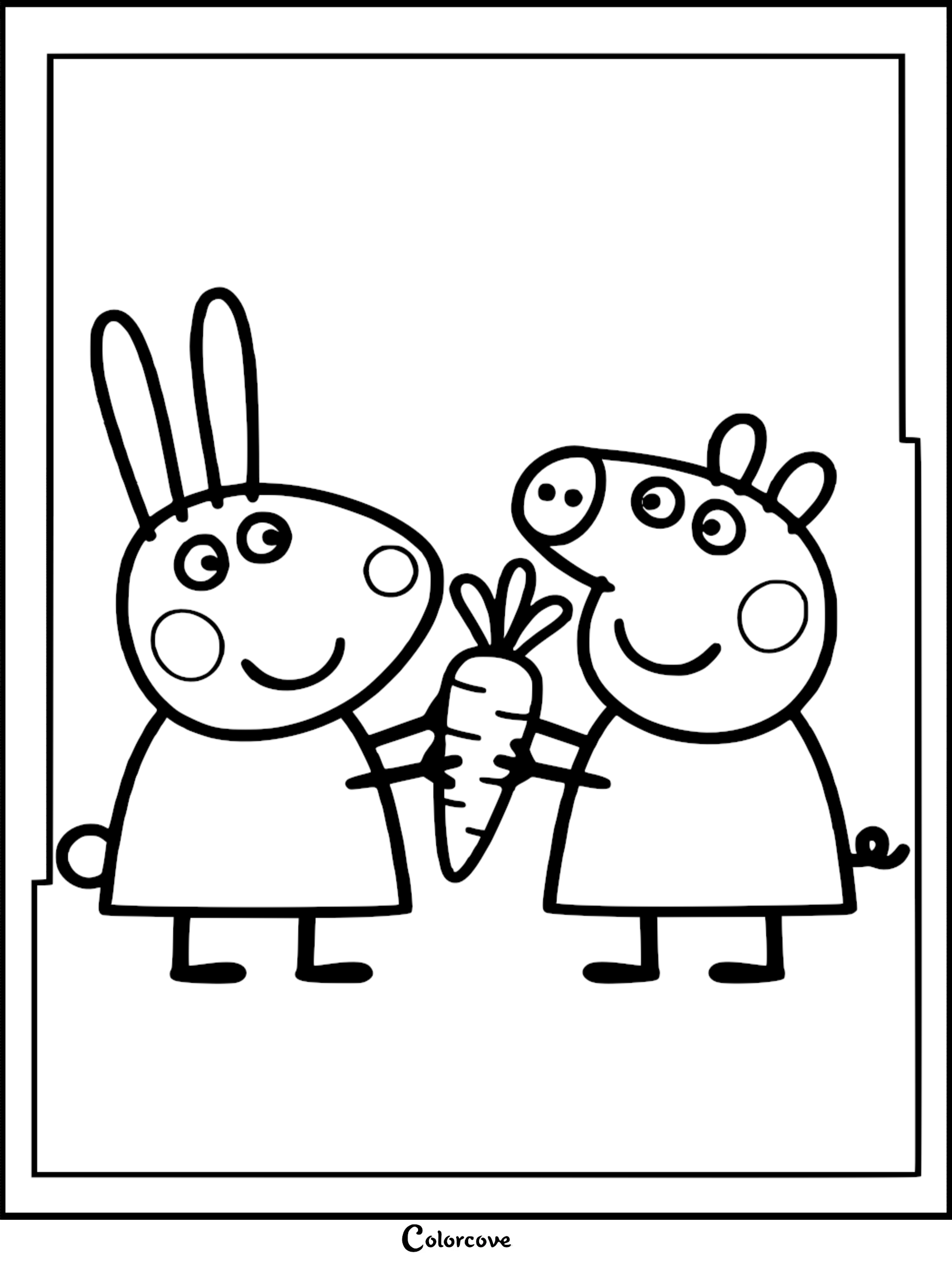A simple line art coloring page showing Peppa Pig and Rebecca Rabbit holding a large carrot together.