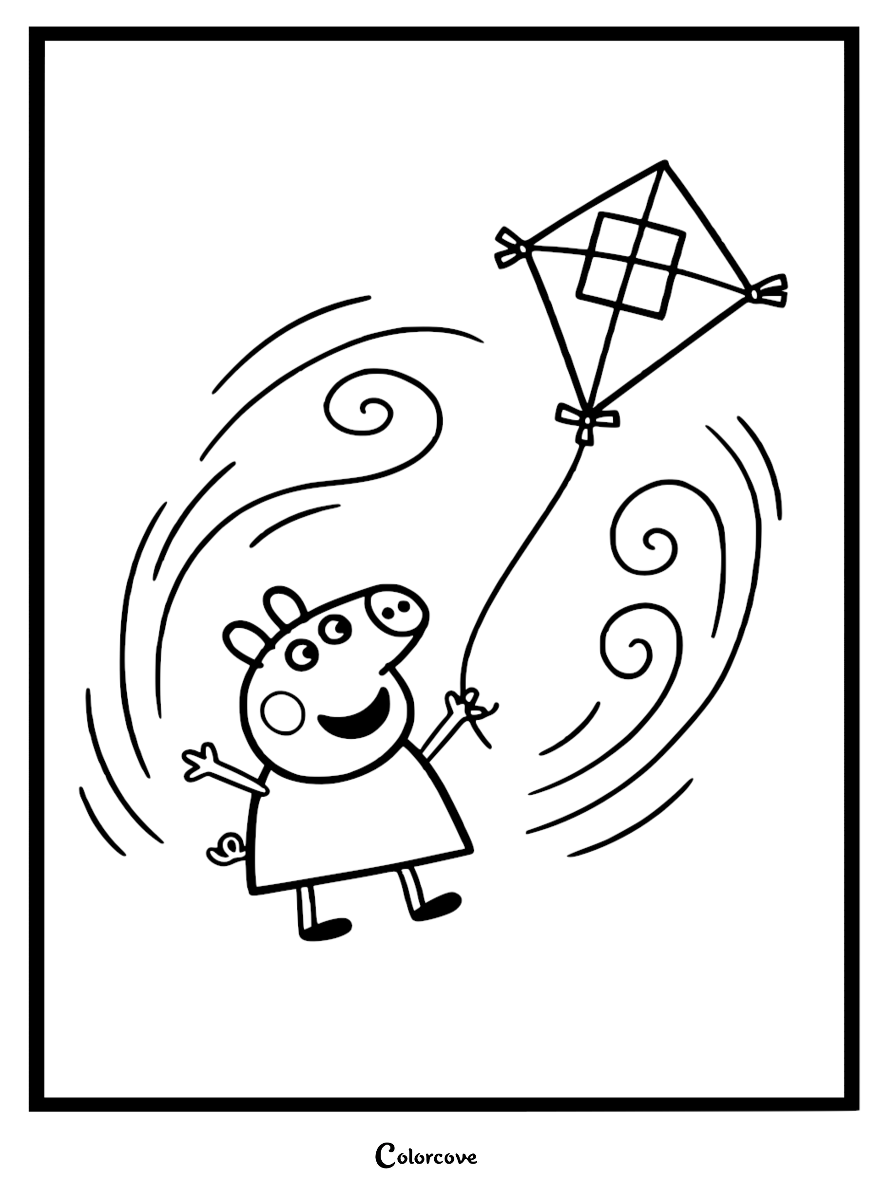 Peppa Pig coloring page featuring Peppa holding a diamond-shaped kite string amidst swirling wind lines.