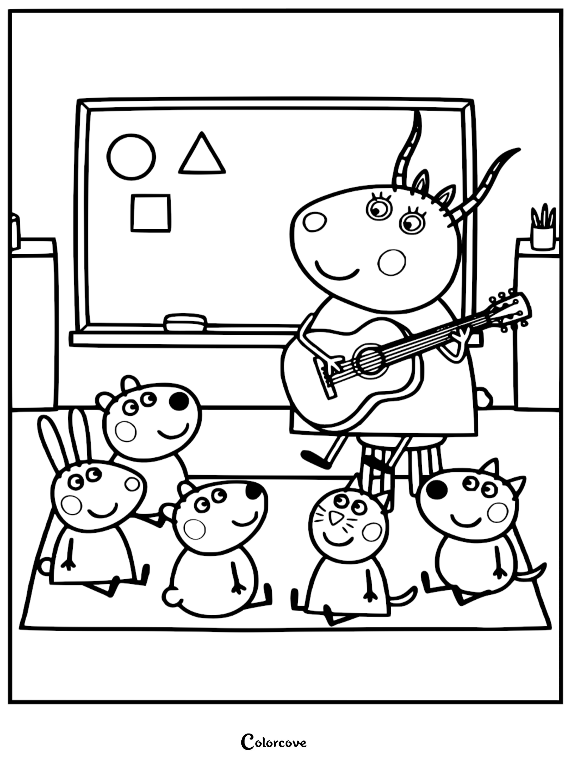 A detailed line art coloring page of Madame Gazelle playing guitar in a classroom for Peppa Pig, Rebecca Rabbit, Suzy Sheep, Candy Cat, and Danny Dog sitting on a rug.