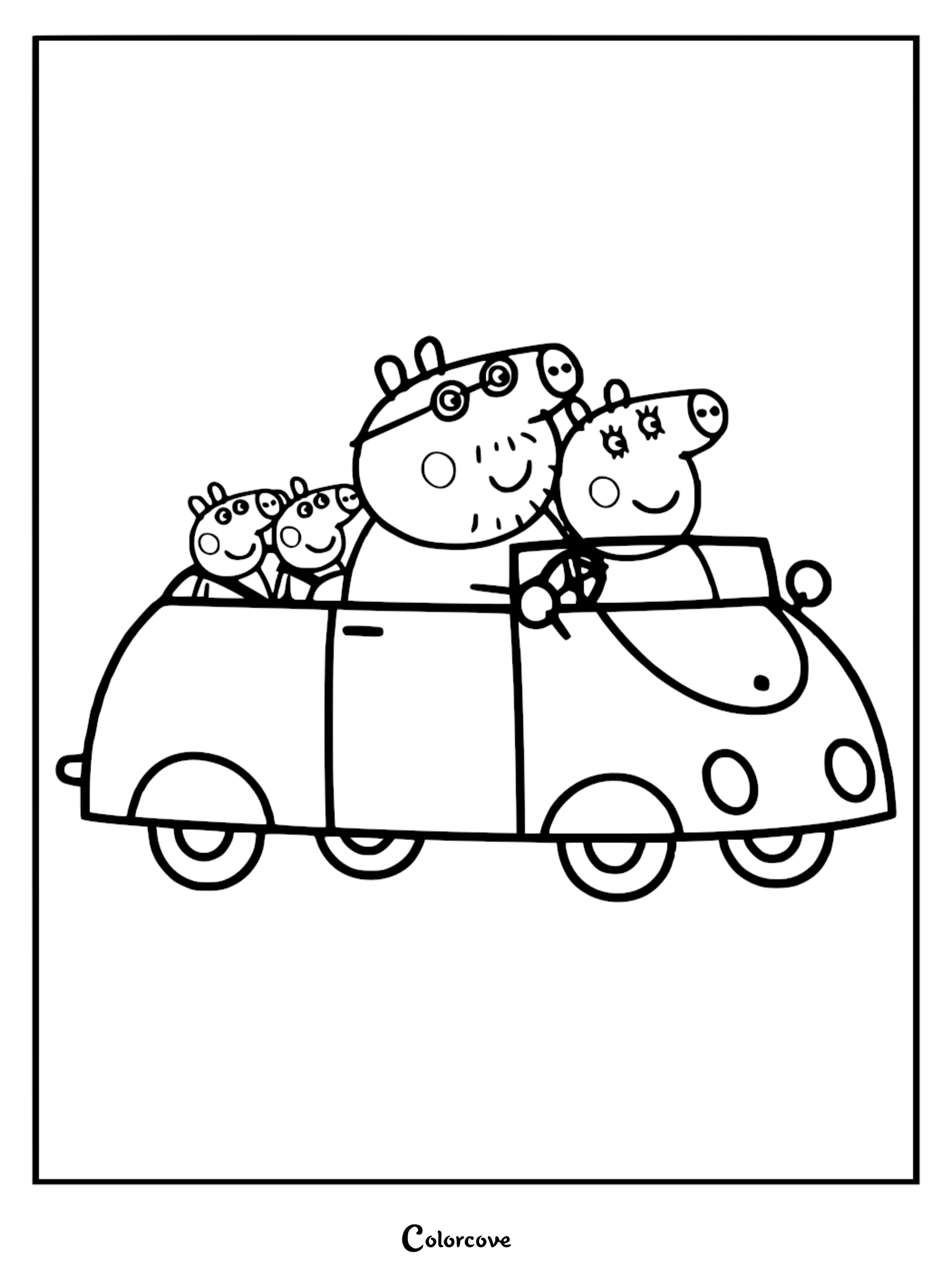 Line art coloring page of Daddy Pig wearing glasses and driving Mummy Pig, Peppa, and George in their open-top family car.