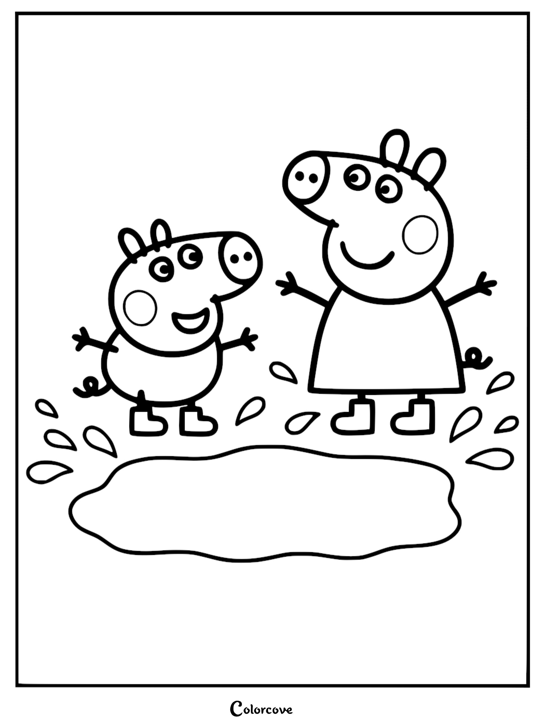 Line art coloring page featuring Peppa Pig and George wearing rain boots while jumping into a large puddle with splashing droplets.