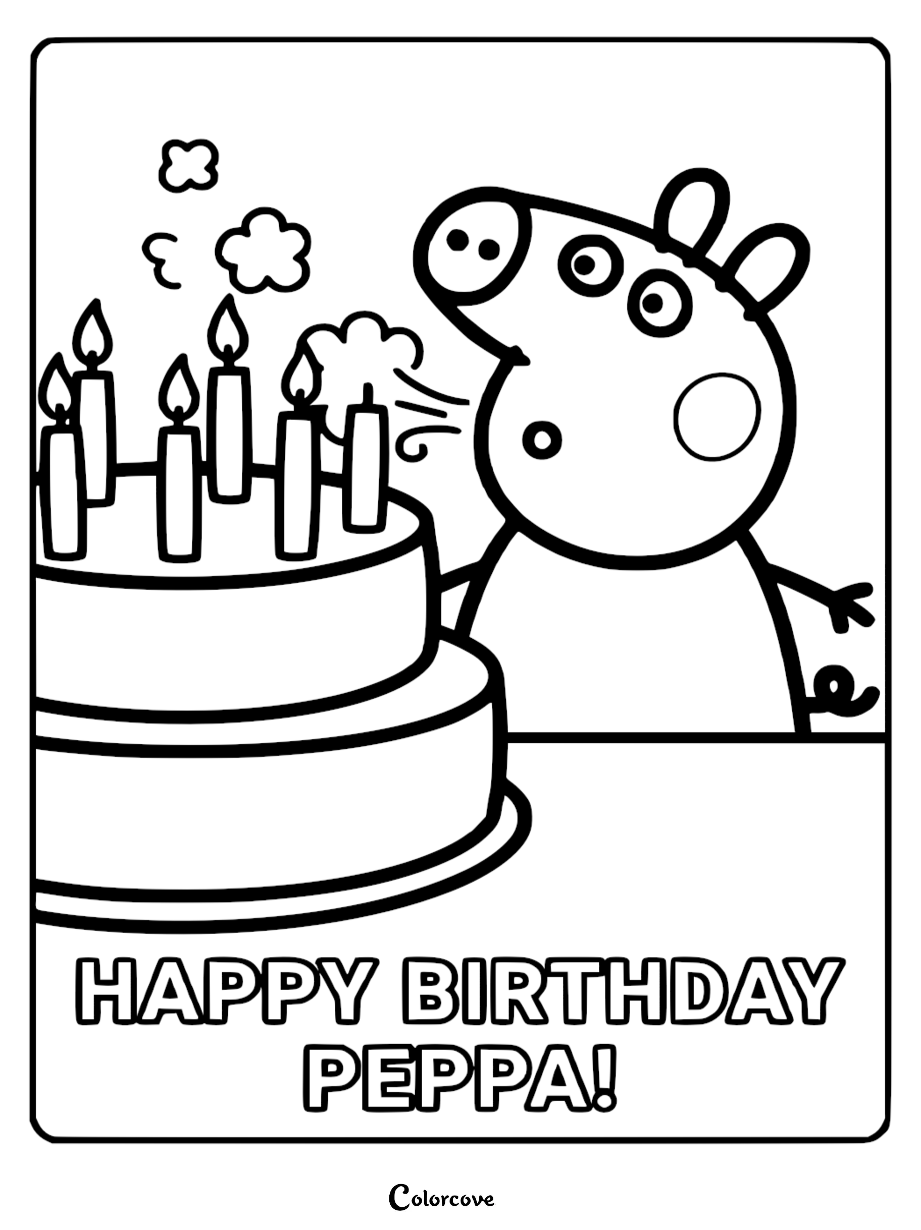 A Peppa Pig coloring page featuring Peppa blowing out candles on a two-tier birthday cake with smoke and bubble details.