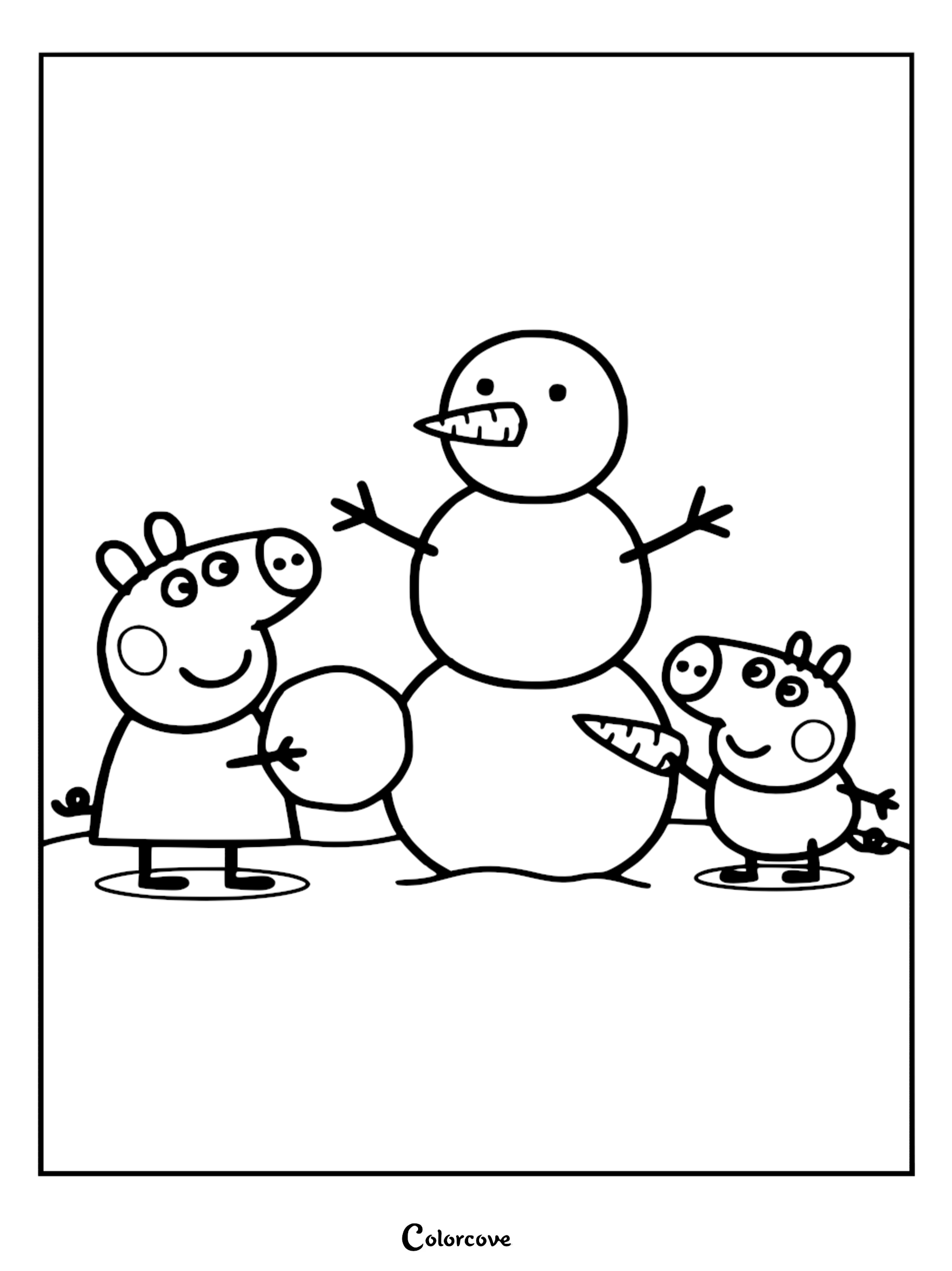 A detailed coloring page of Peppa Pig holding a snowball and George holding a carrot while building a snowman.