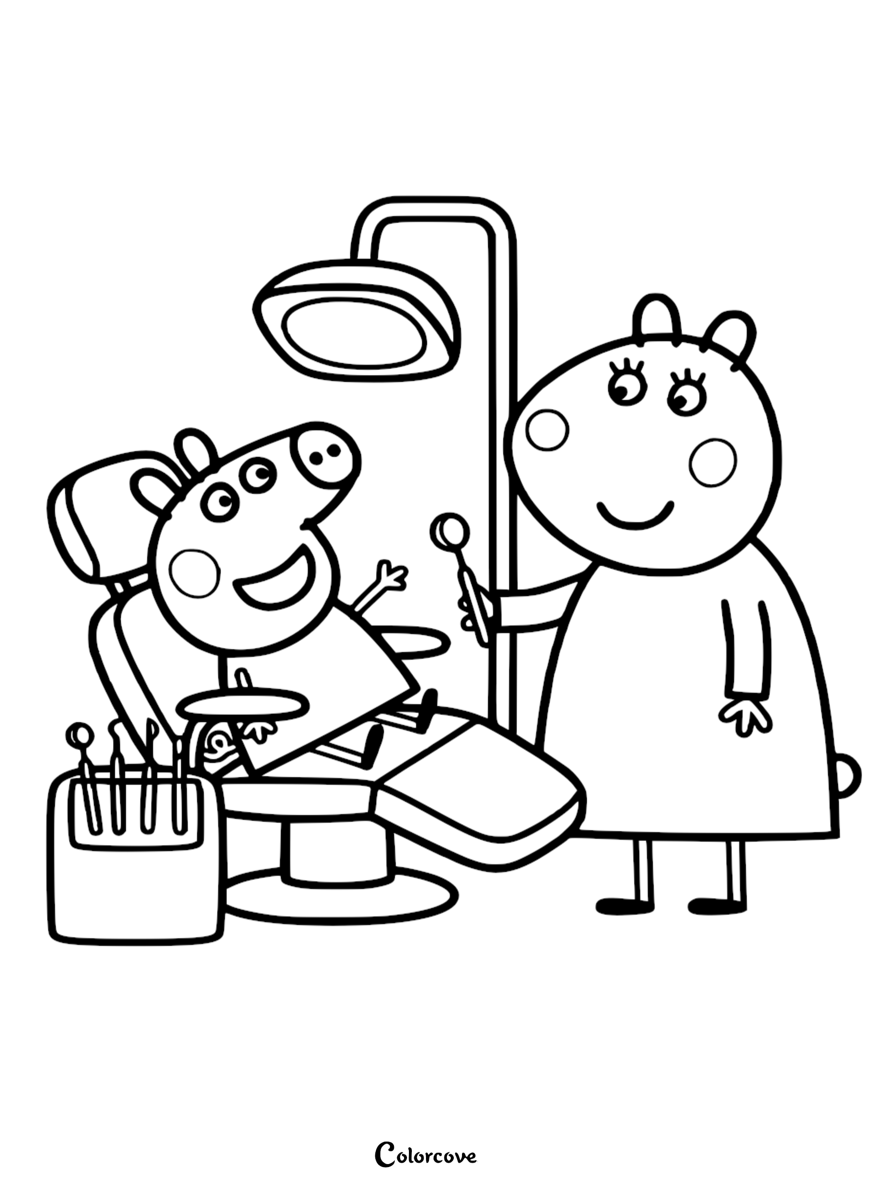 Peppa Pig coloring page showing Peppa in a dentist's chair with a wide smile. A dentist holds a mirror tool next to an overhead lamp and a tray of instruments.