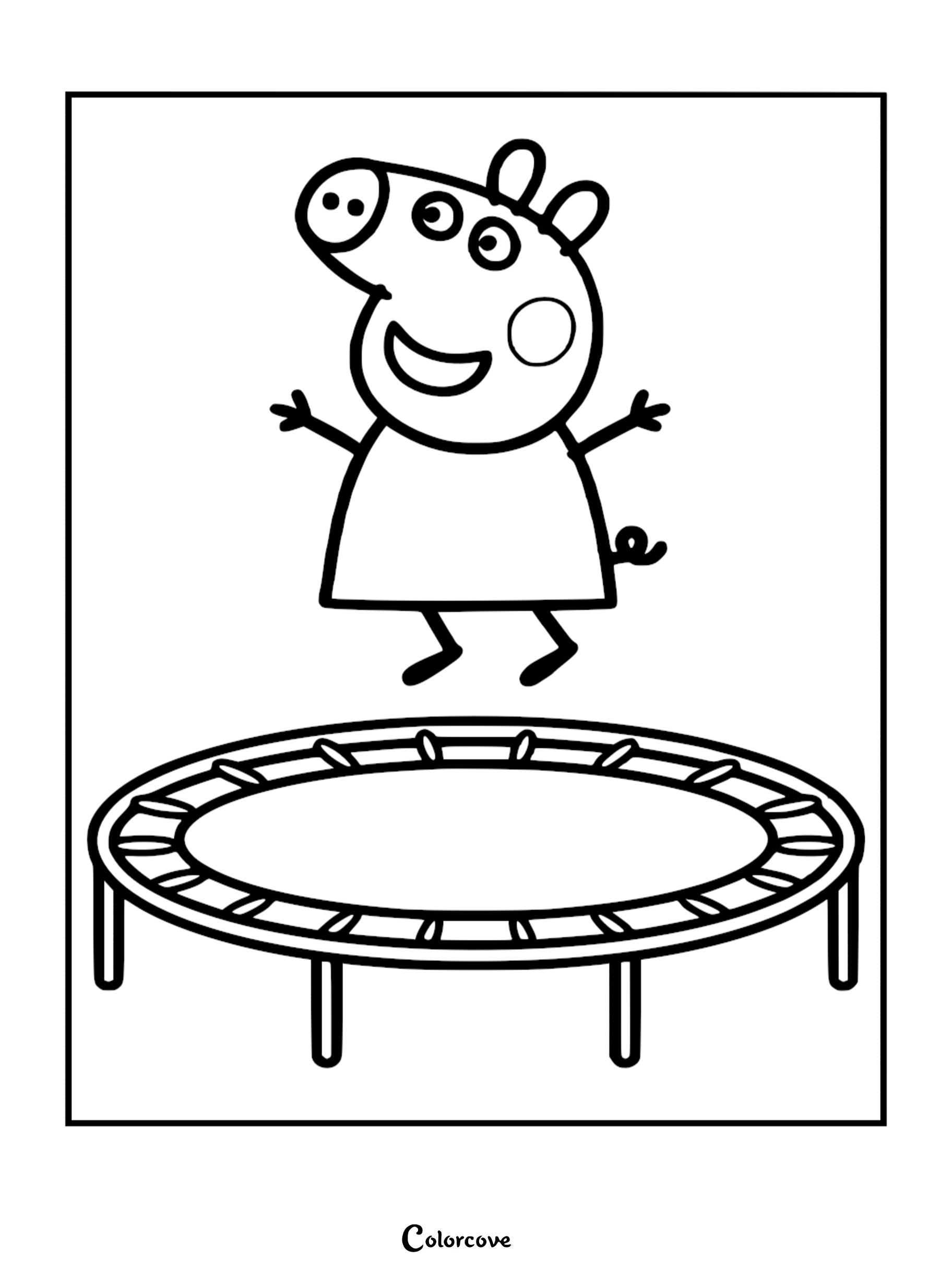 A black and white coloring page of Peppa Pig jumping high in the air above a round trampoline with her arms outstretched.