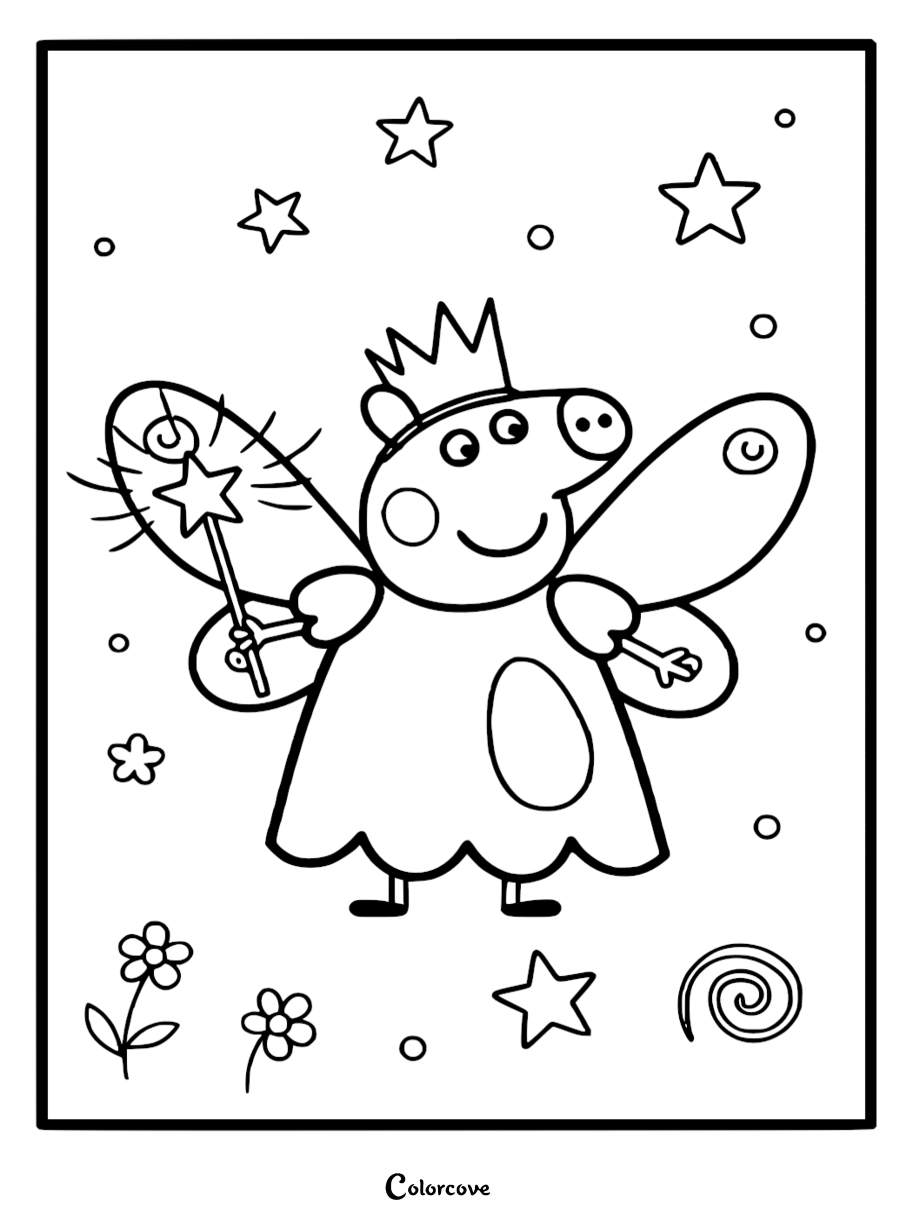 A printable Peppa Pig coloring page showing Peppa dressed as a fairy with wings, a crown, and a star wand among stars.
