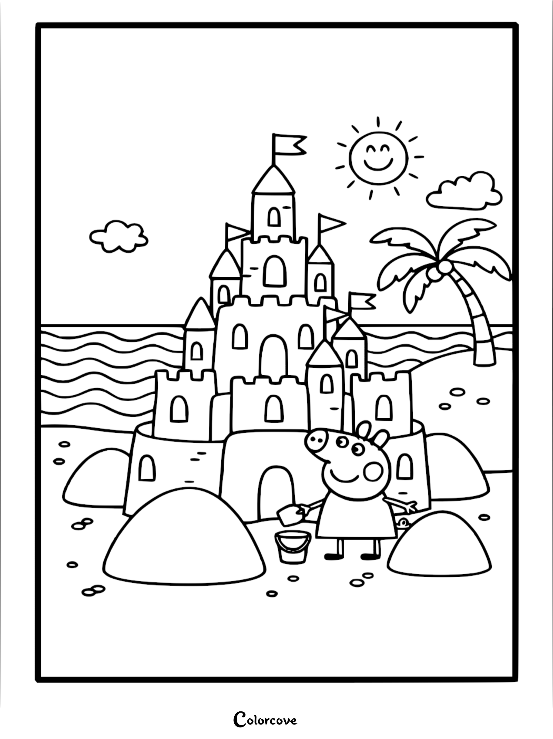 A detailed Peppa Pig coloring page featuring Peppa standing next to a massive multi-tiered sandcastle on a beach with a palm tree, ocean waves, and a smiling sun.