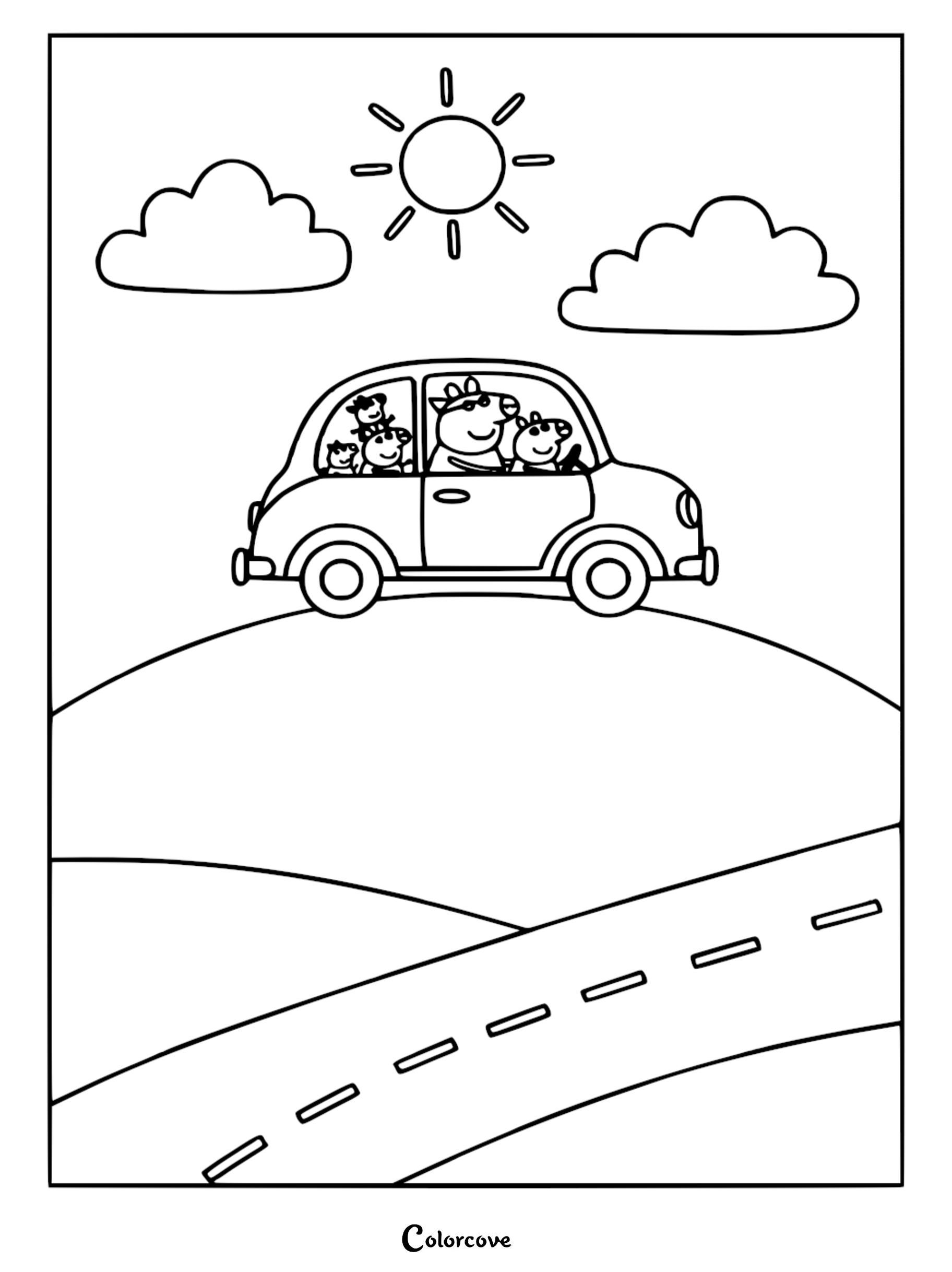 Peppa Pig coloring page featuring Daddy Pig driving the family car with Mummy Pig, Peppa, and George on a sunny day.